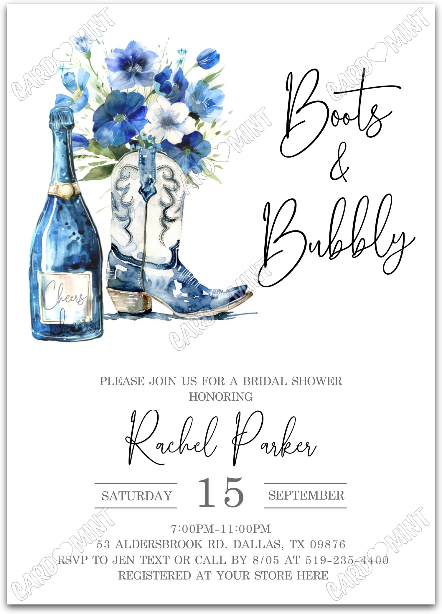 Editable Boots & Bubbly white champagne, blue boots & blue wildflowers Douche nuptiale 5"x7" Invitation EV2093