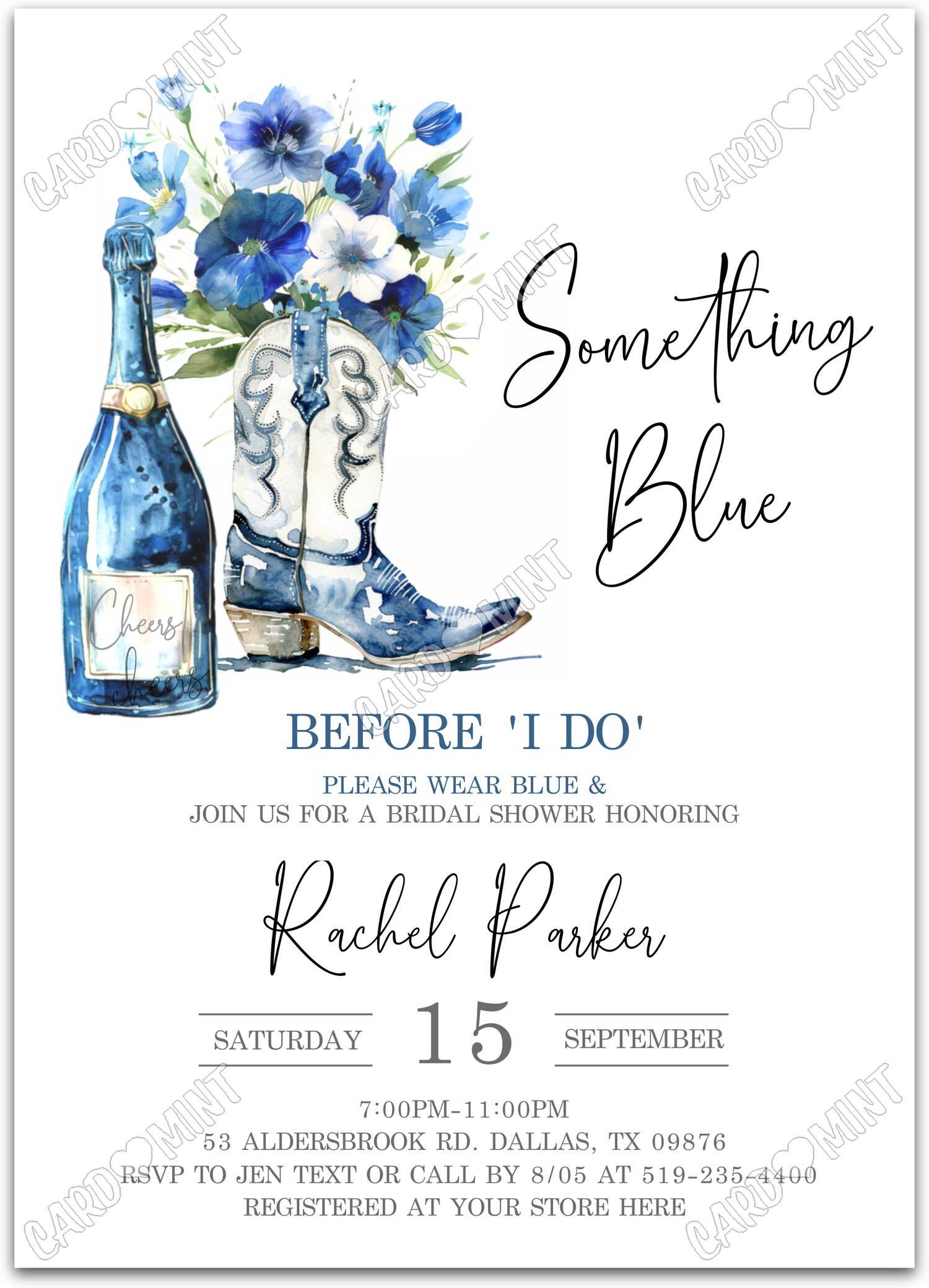 Editable Something Blue white champagne, blue boots & blue wildflowers Douche nuptiale 5"x7" Invitation EV2094