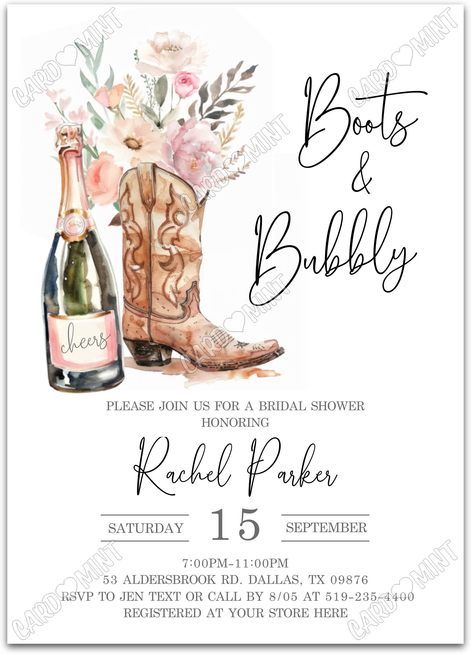 Editable Boots & Bubbly white champagne, boots & pastel wildflowers/leaves Bridal Shower 5"x7" Invitation EV2095
