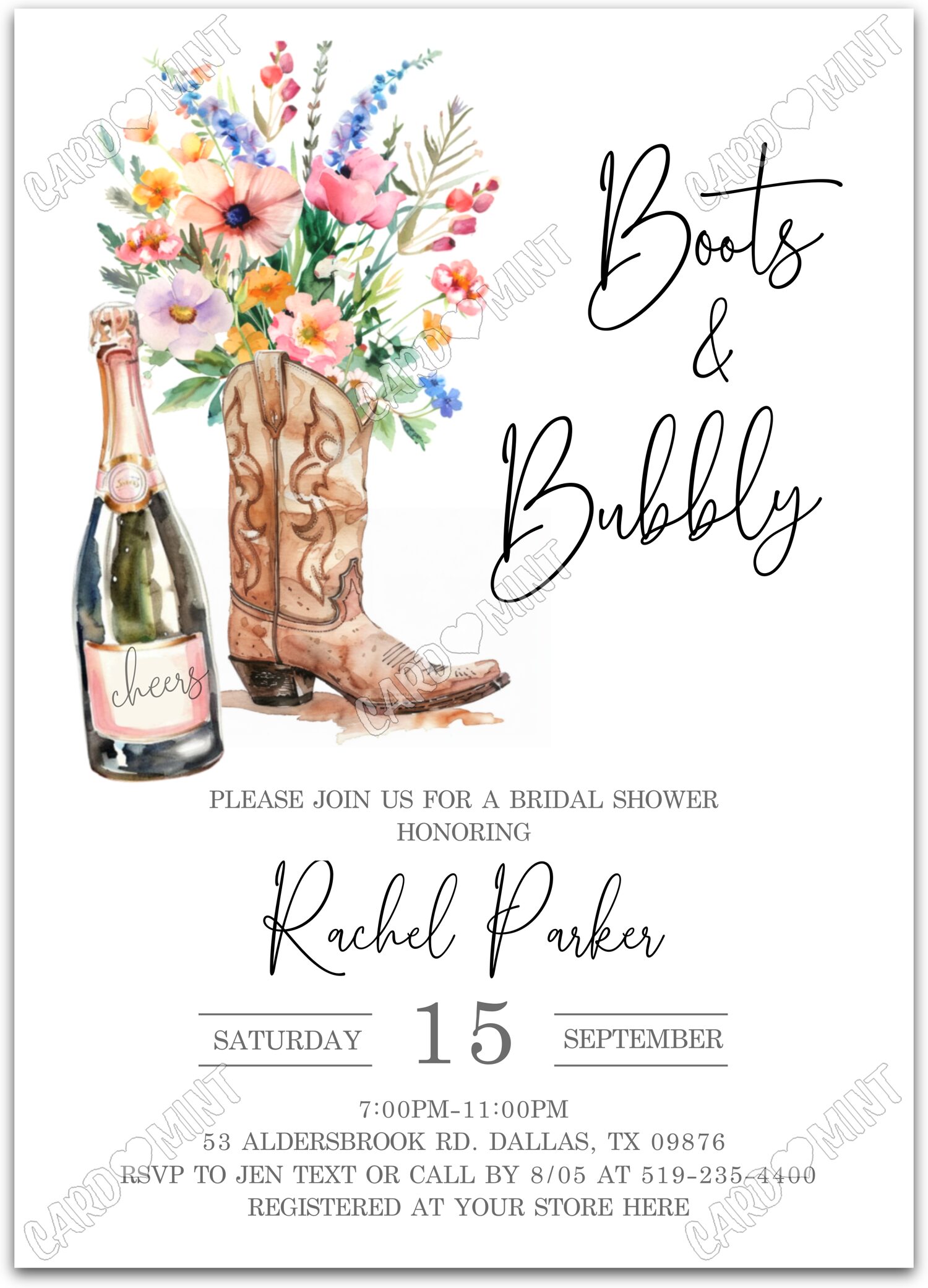Editable Her Last Rodeo white champagne, boots & disco ball Douche nuptiale 5"x7" Invitation EV2096
