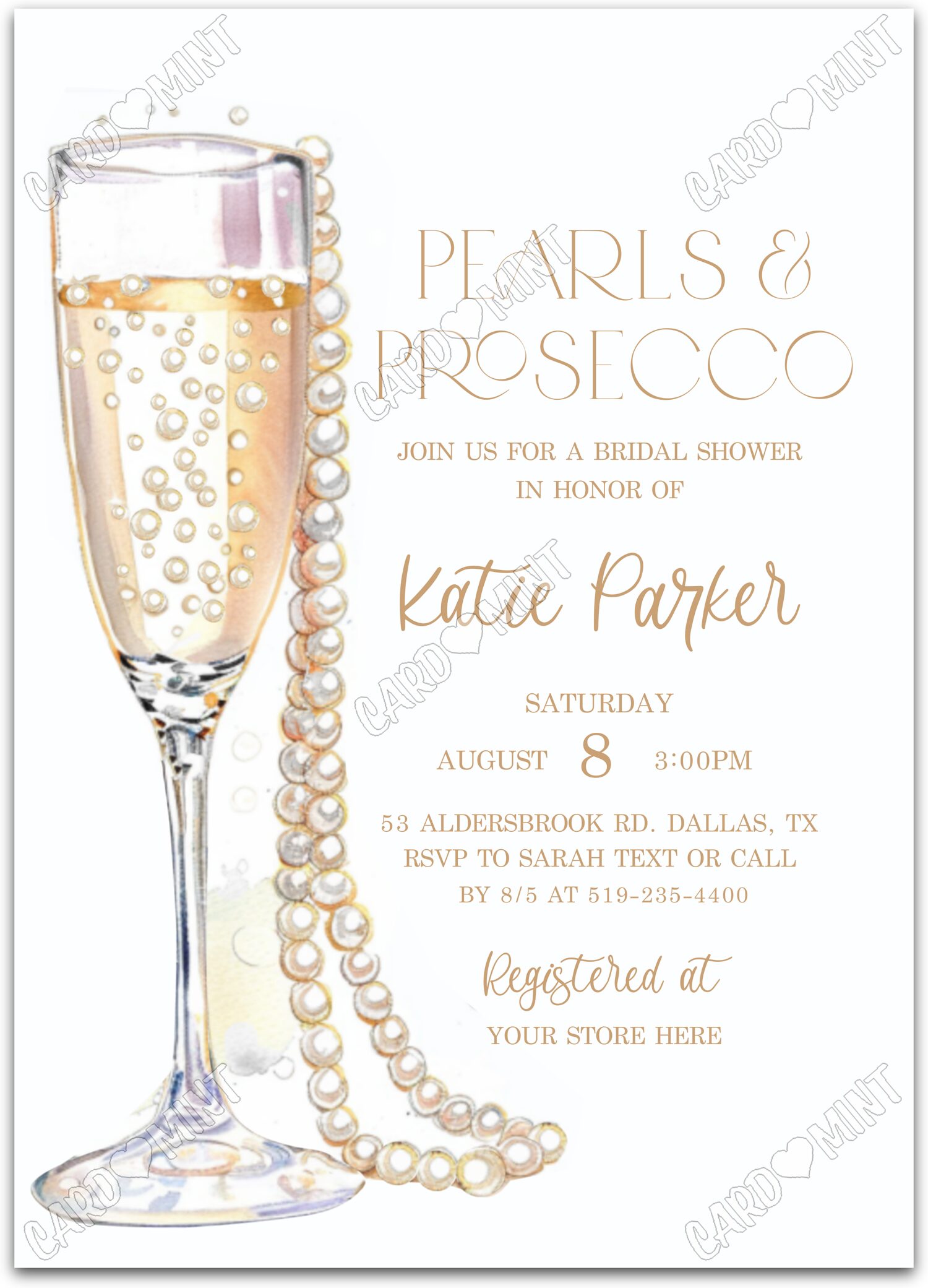 Editable Pearls & Prosecco rose wine & pearls Douche nuptiale Invitation EV2097