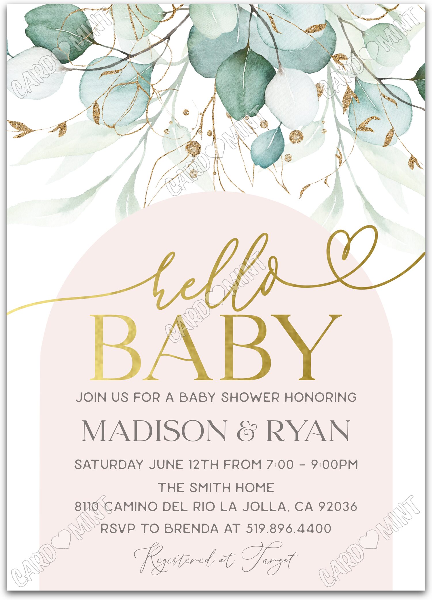 Editable Hello Baby! soft pink arch and delicate greenery girl Douche de bébé 5"x7" Invitation EV2100