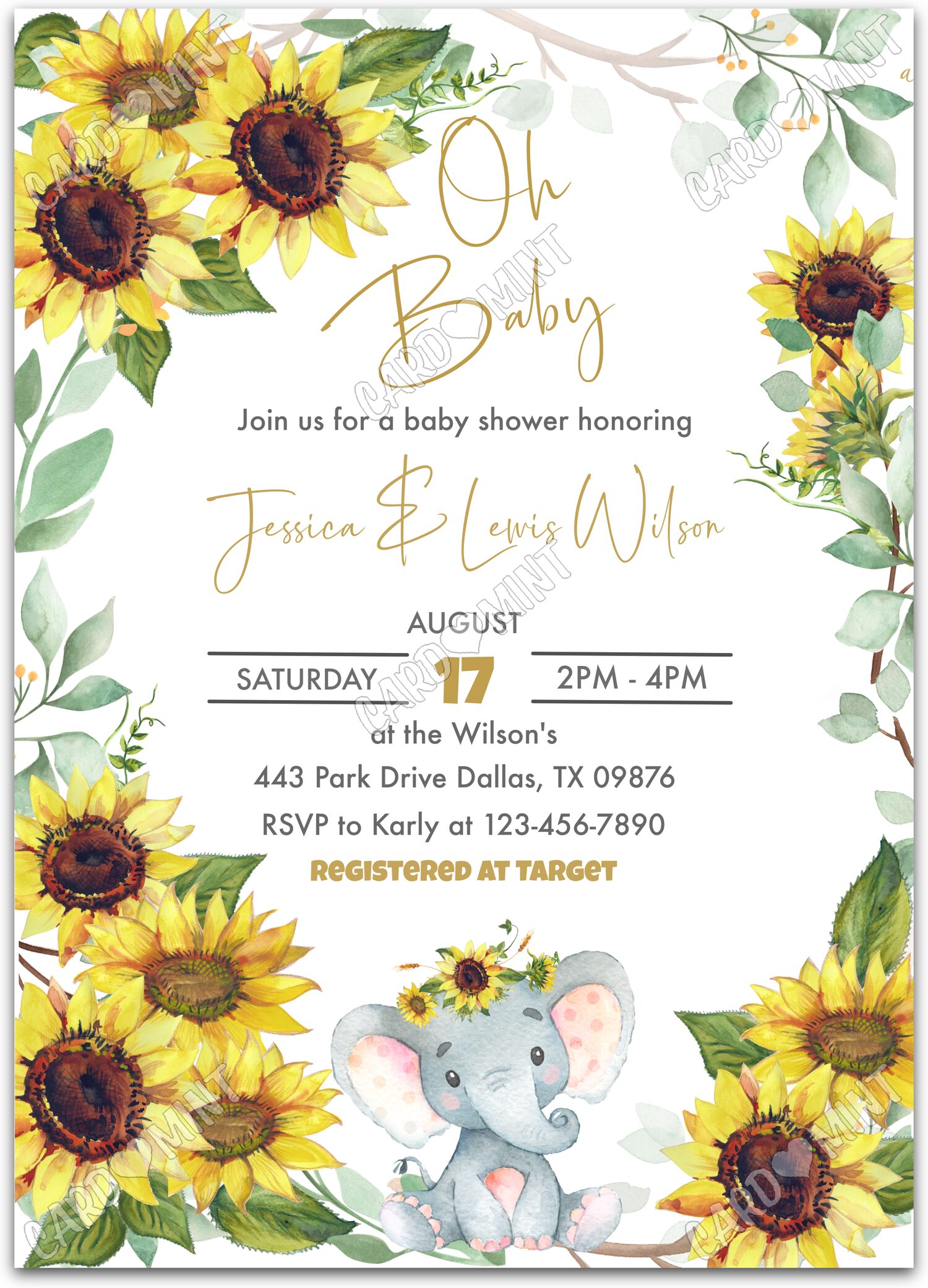 Editable A Little Elephant white sunflowers & baby elephant, yellow & girl Baby Shower 5"x7" Invitation EV2105
