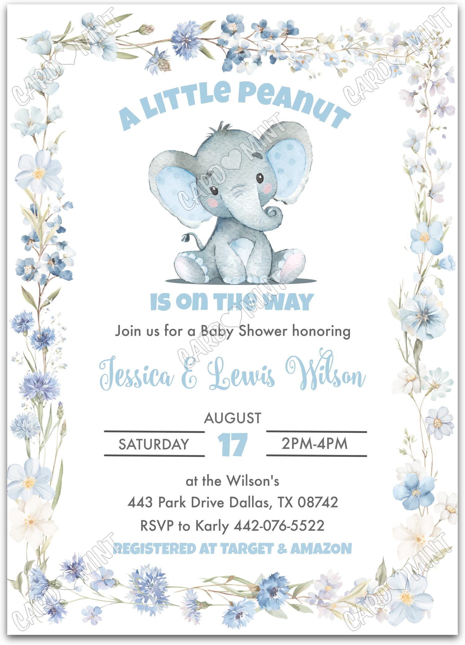 Editable A Little Peanut white wildflowers & baby elephant, blue & boy Douche de bébé 5"x7" Invitation EV2106