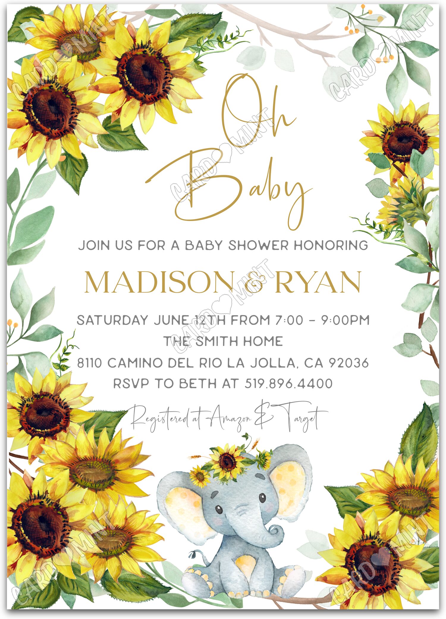 Editable A Little Elephant white sunflowers & baby elephant, yellow & girl Baby Shower 5"x7" Invitation EV2107