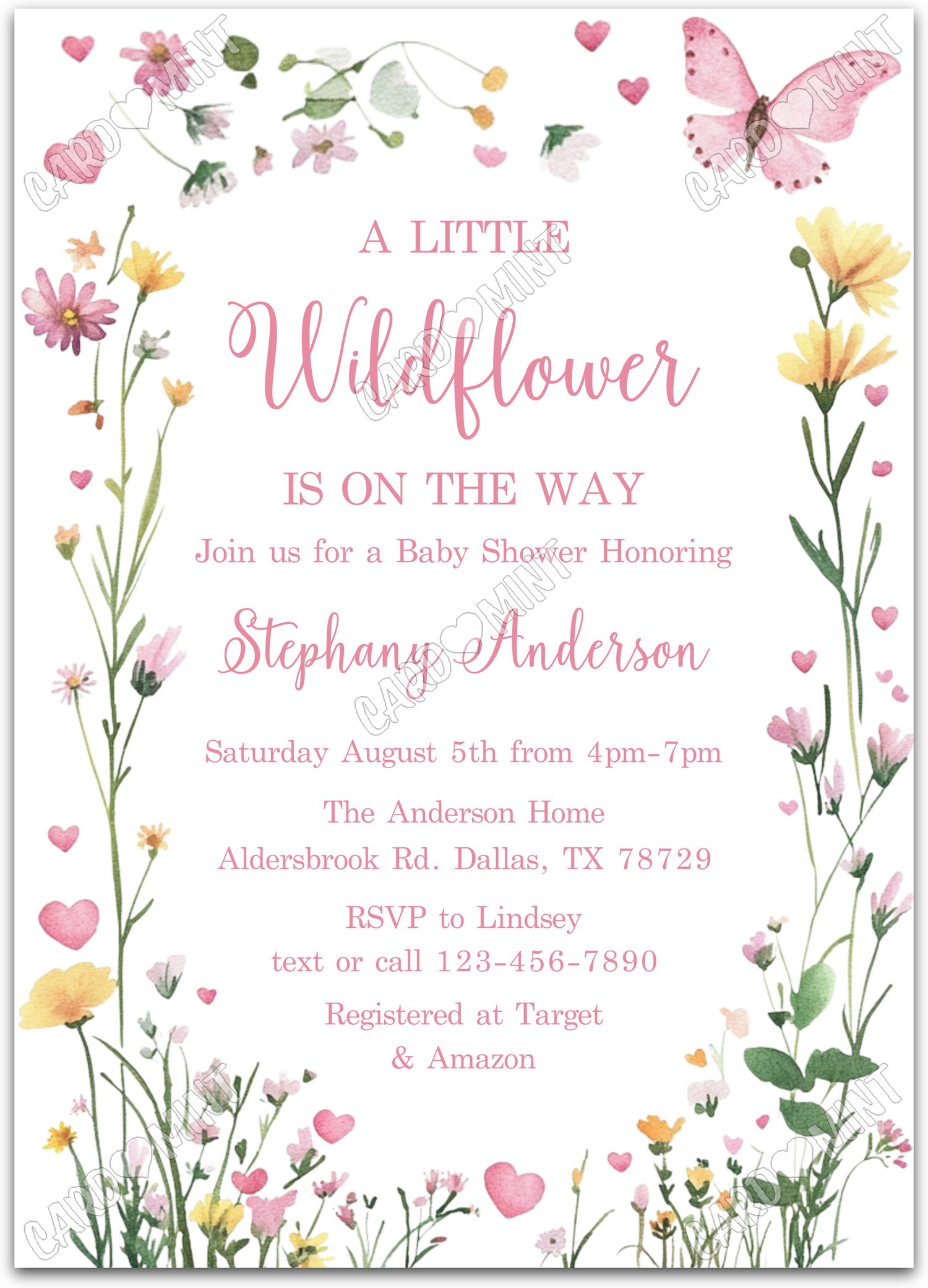 Editable Wildflower pink wildflowers & floral pattern girl Baby Shower 5"x7" Invitation EV2109
