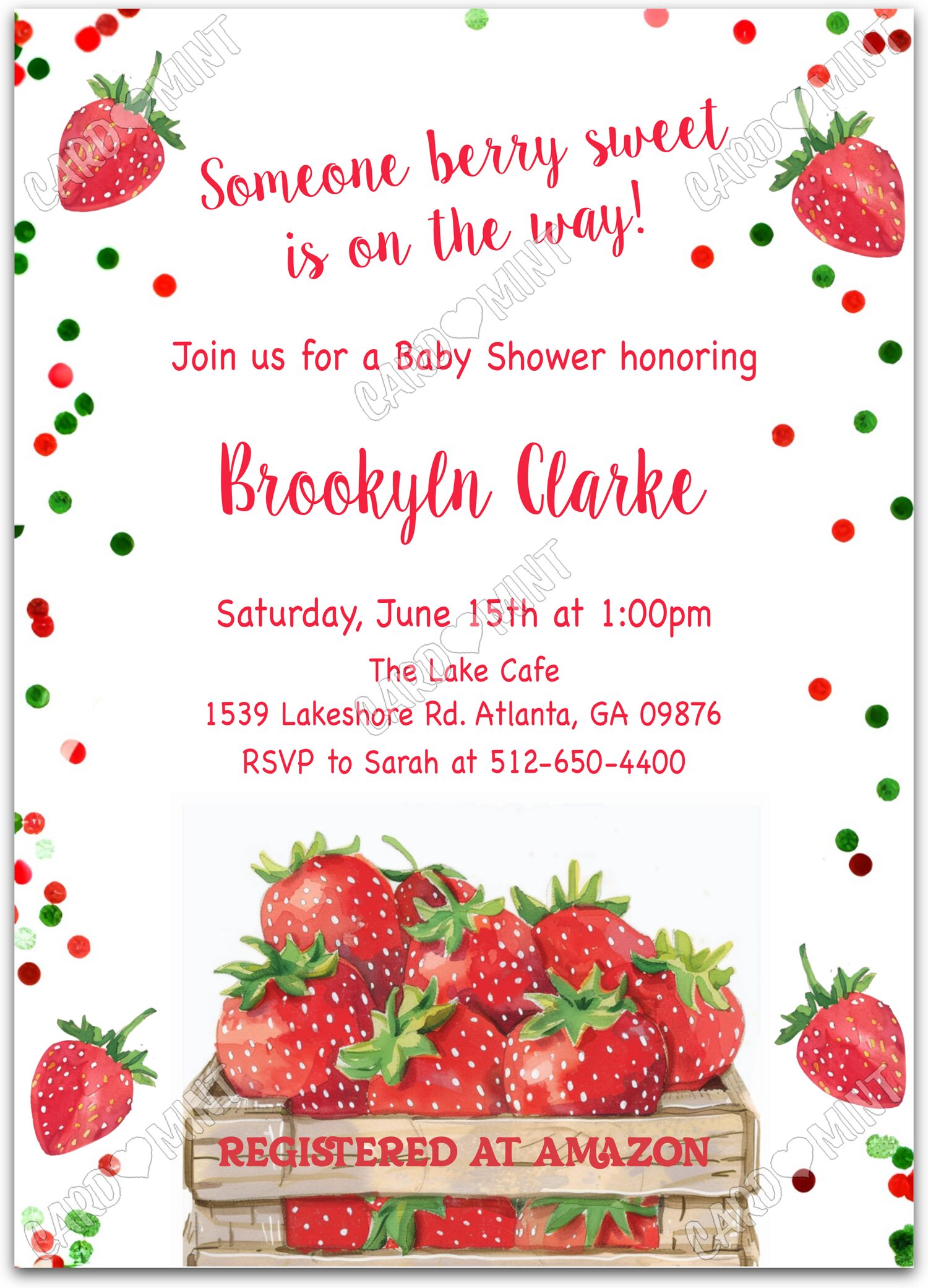 Editable Someone Berry Sweet white strawberry basket for boy or girl, red and Baby Shower 5"x7" Invitation EV2110