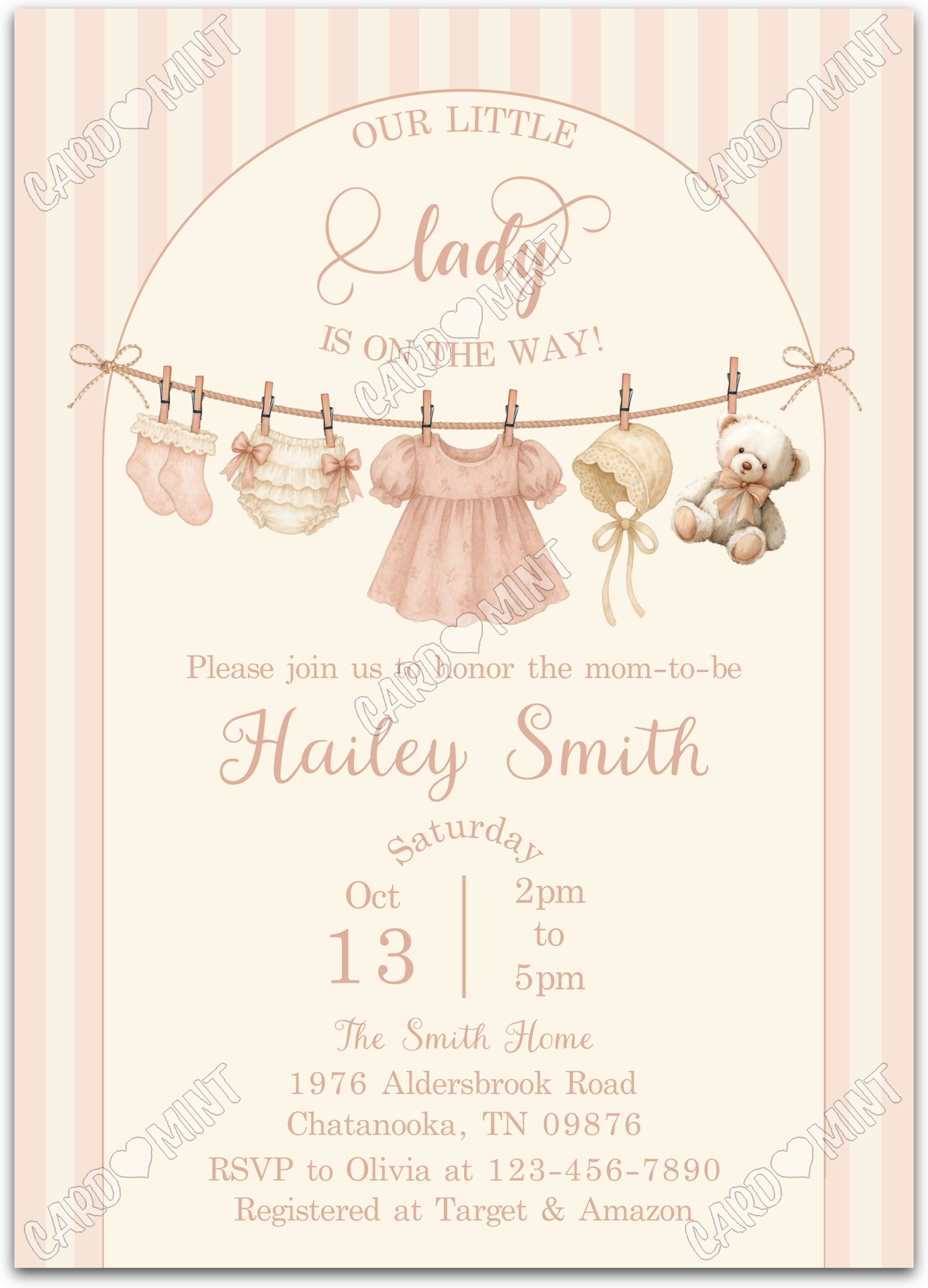 Editable Our Lttle Lady pink vintage clothesline in ivory and girl Douche de bébé 5"x7" Invitation EV2111