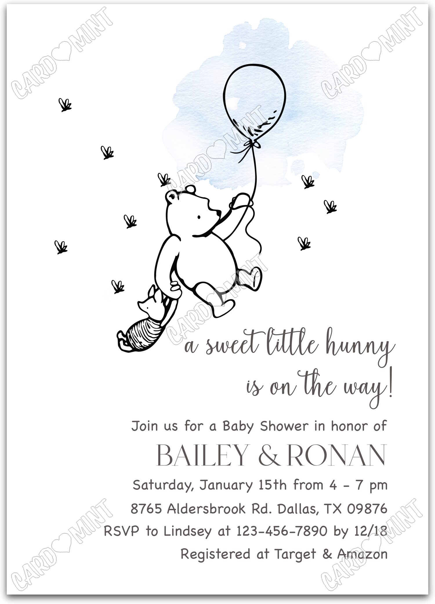 Editable A Little Hunny white pooh & piglet, blue and boy Baby Shower 5"x7" Invitation EV2113