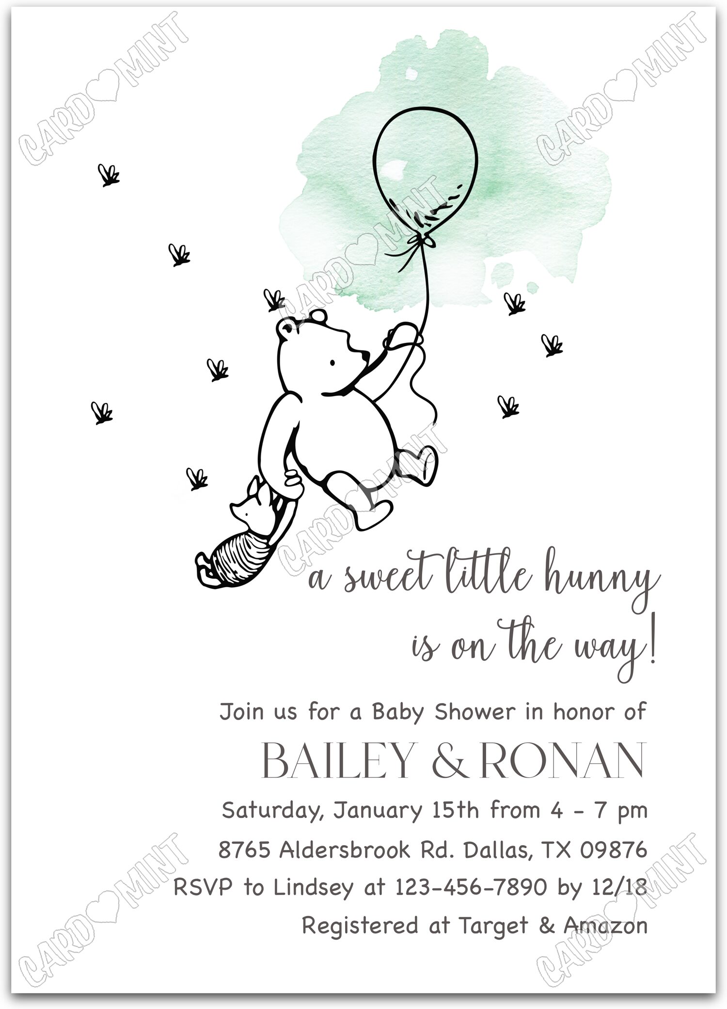 Editable A Little Hunny Bear white pooh & piglet, green and Douche de bébé 5"x7" Invitation EV2114