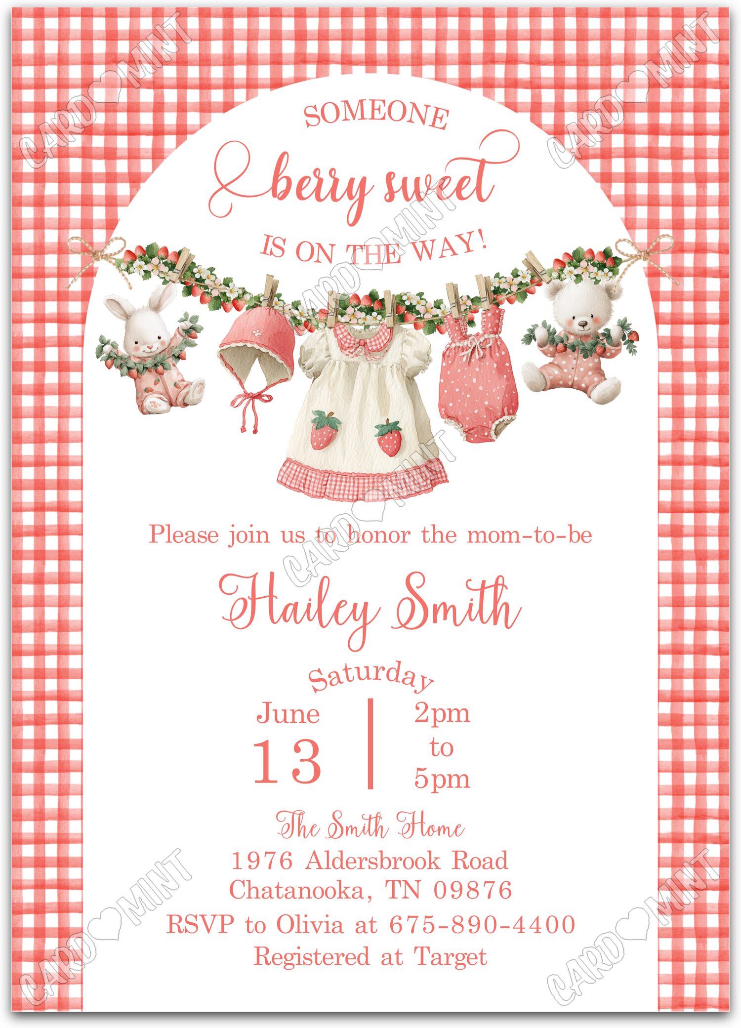Editable Someone Berry Sweet red strawberry clothesline white and girl Douche de bébé 5"x7" Invitation EV2118