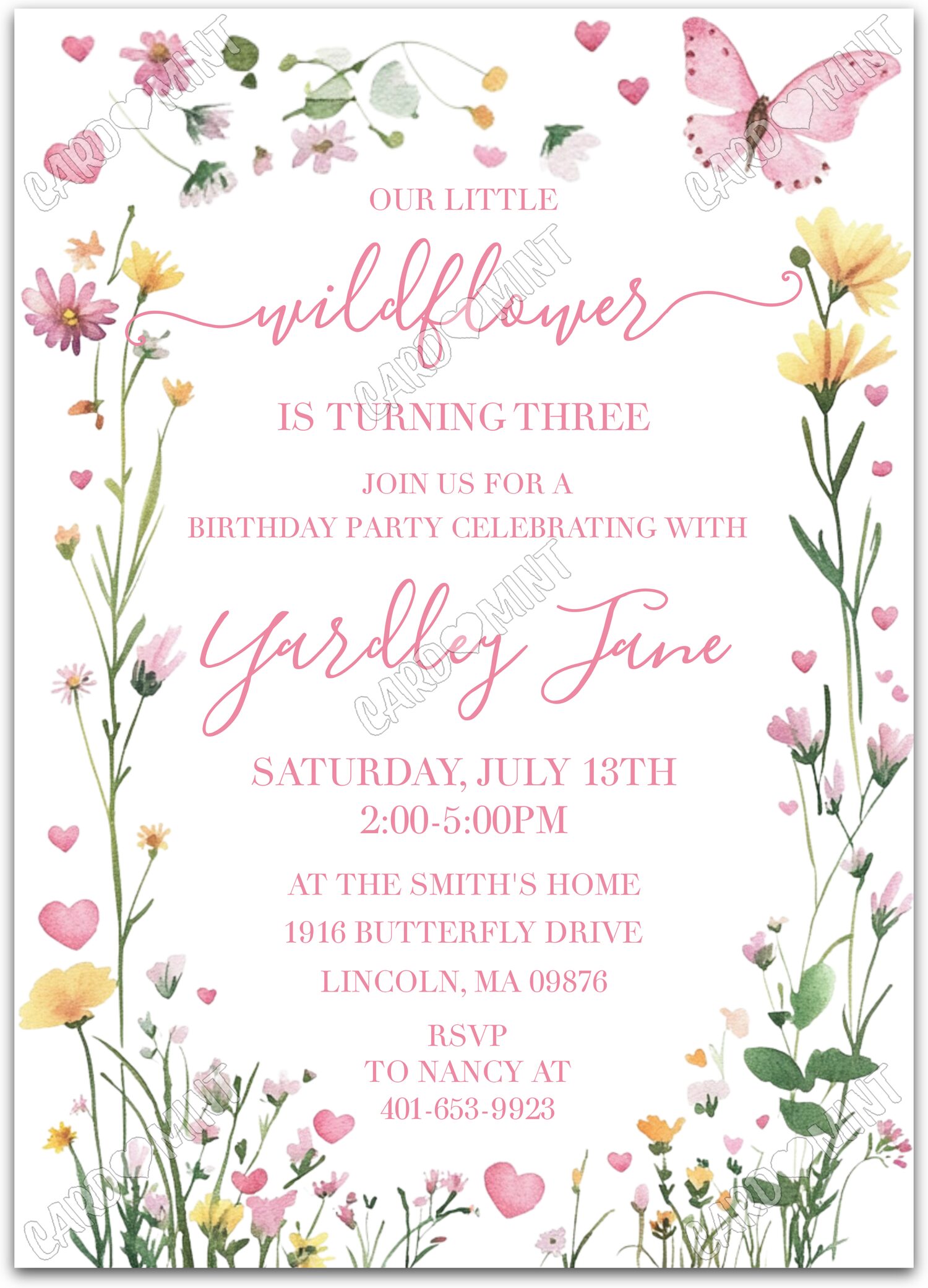 Editable Our Little Wildflower white wildflowers, pink and girl Fête d'Anniversaire 5"x7" Invitation EV2119