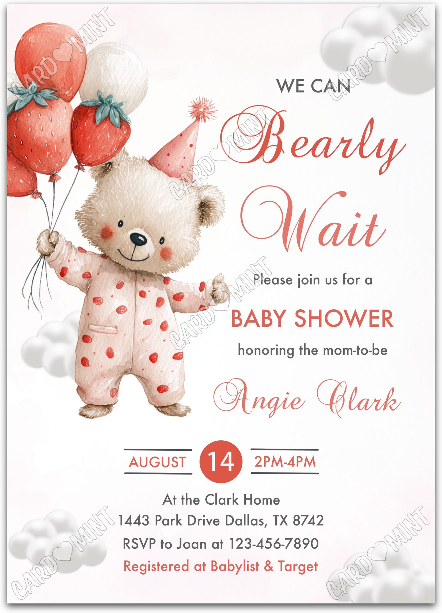 Editable Bearly Wait white bear & strawberry balloons, red and girl Baby Shower 5"x7" Invitation EV2120
