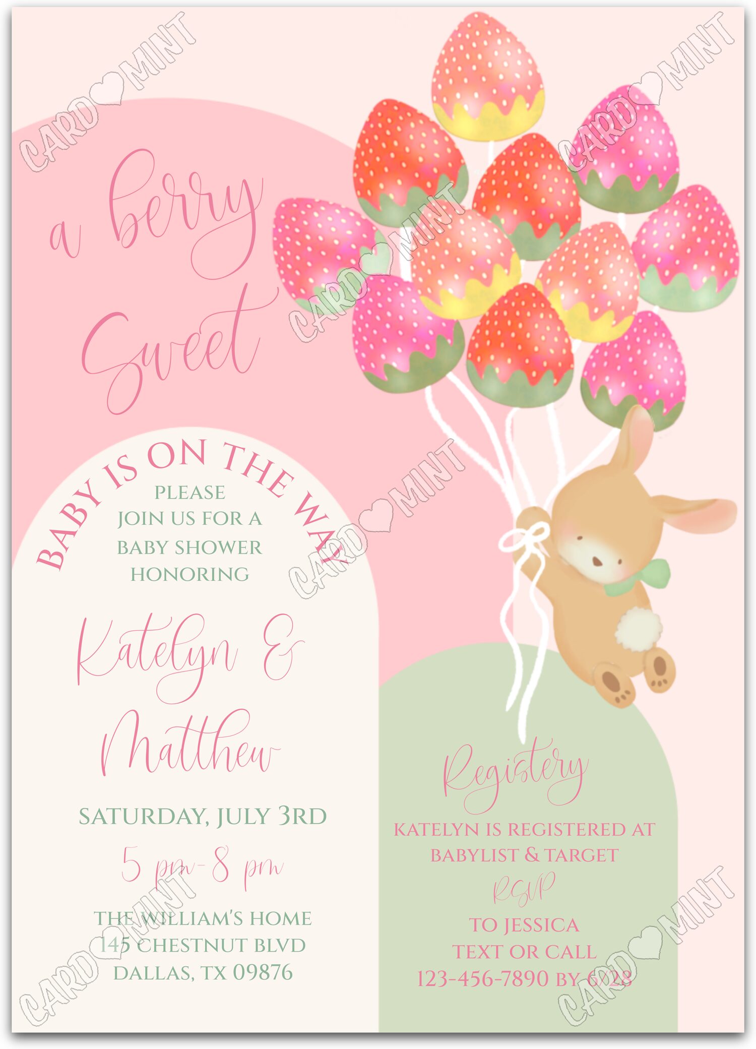 Editable Berry Sweet strawberry balloons & bunny girl Douche de bébé 5"x7" Invitation EV2122