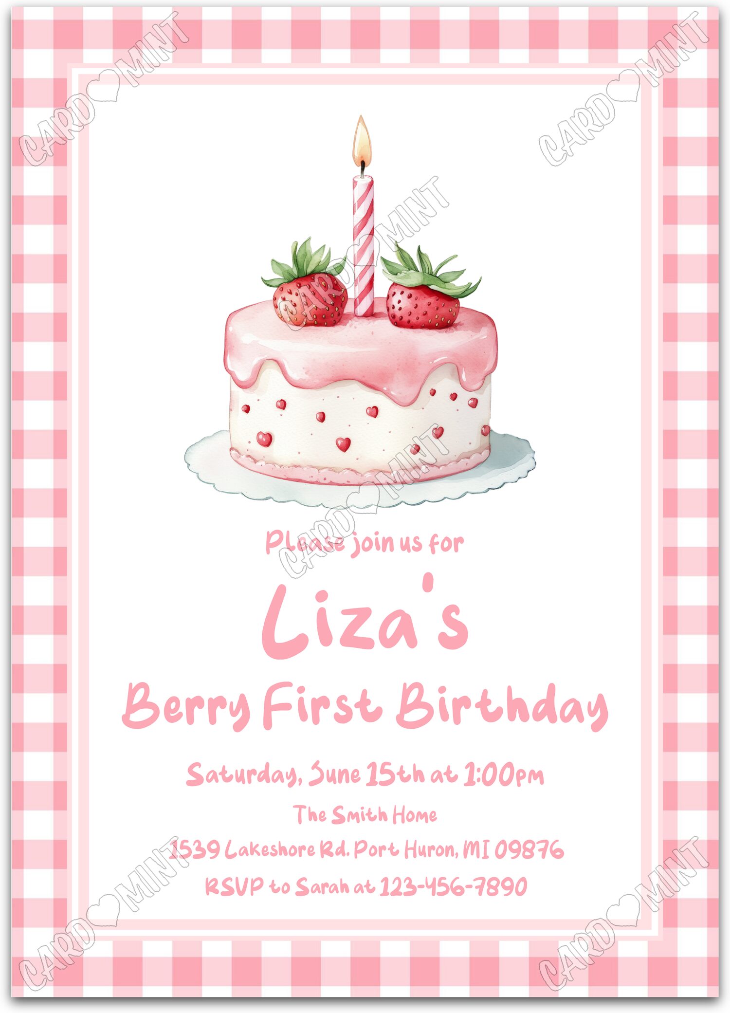 Editable Berry First strawberriy cake, pink and white gingham girl Fête d'Anniversaire Invitation EV2123
