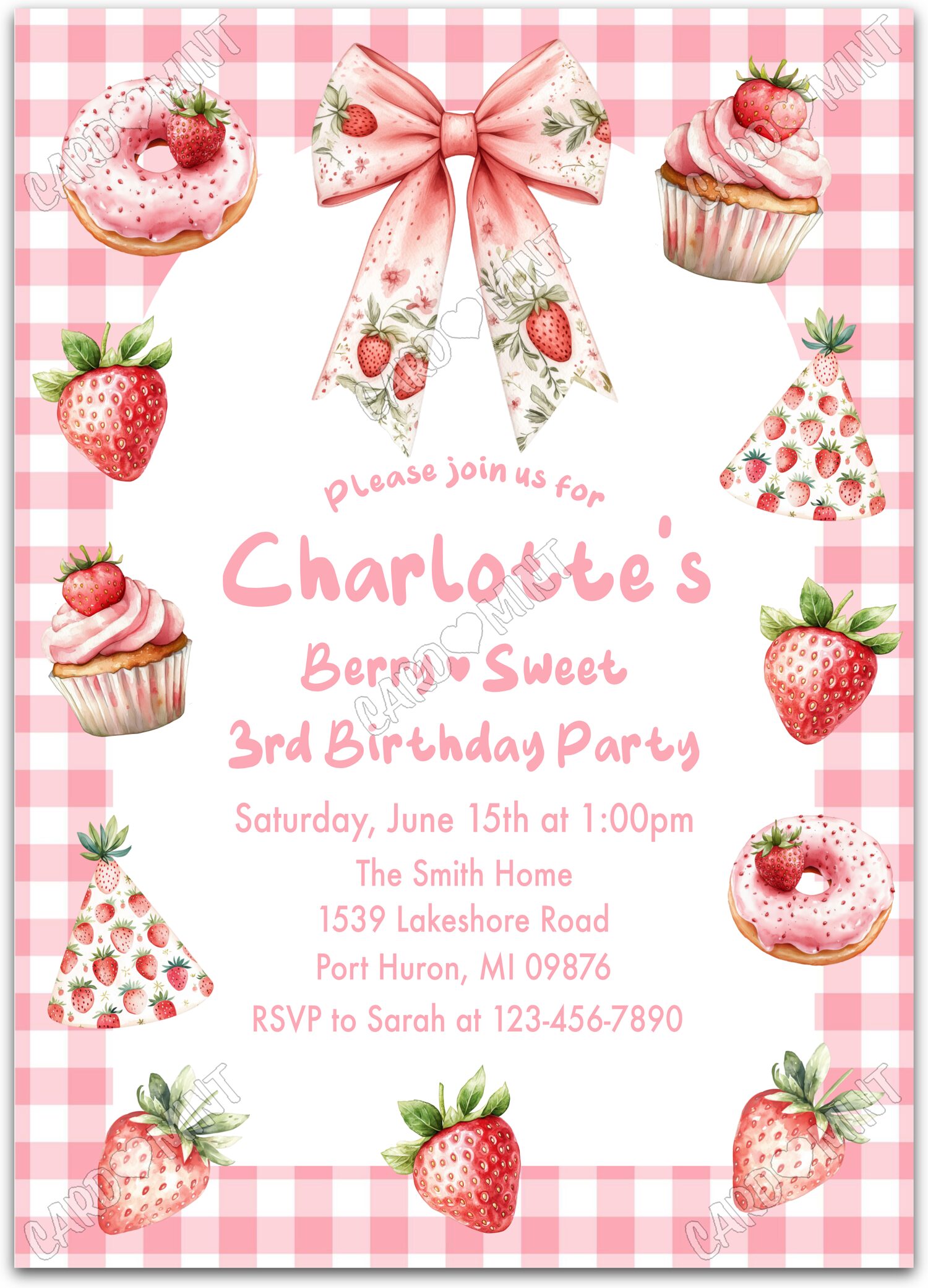 Editable Berry Sweet pink strawberries and Sweet Treats, white and Birthday Party 5"x7" Invitation EV2124