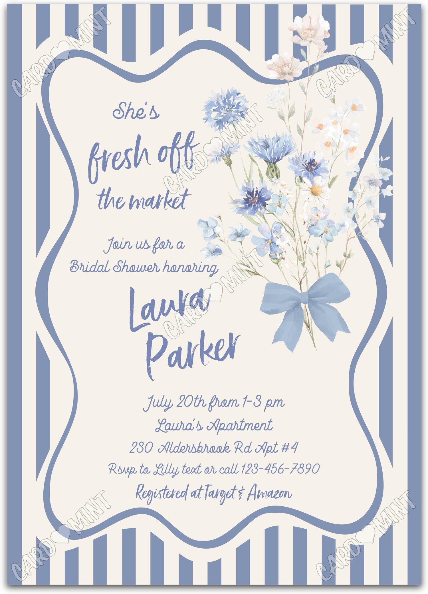 Editable She's Off The Market white flower bouquet in blue and Bridal Shower 5"x7" Invitation EV2125