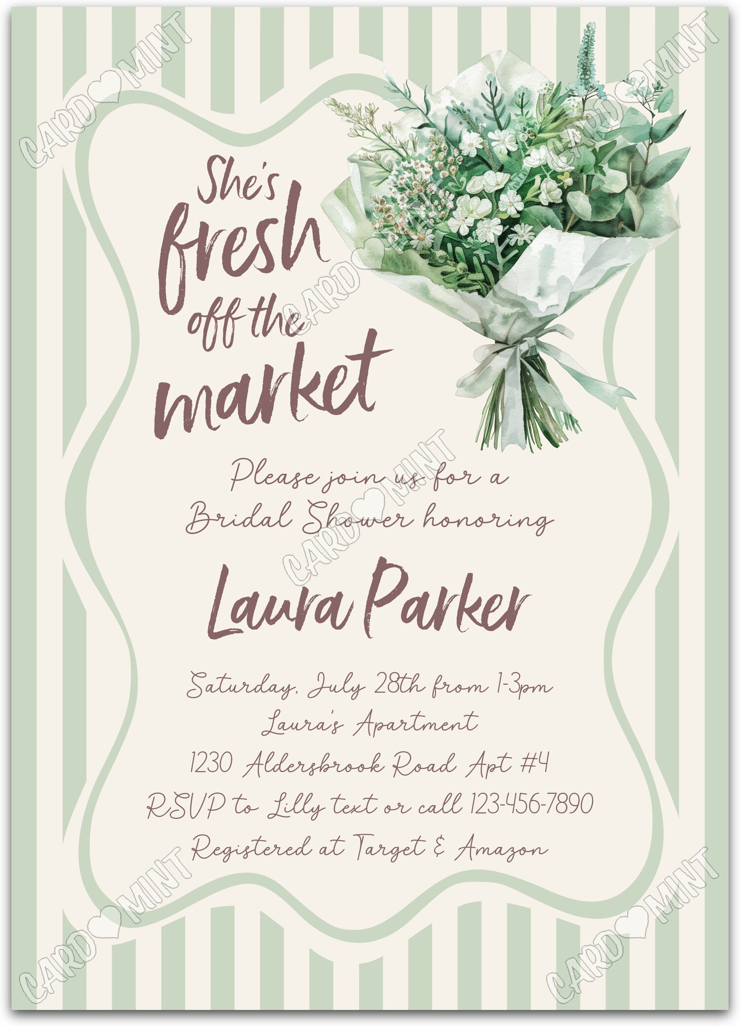 Editable She's Off The Market white flower bouquet in green and Douche nuptiale 5"x7" Invitation EV2133