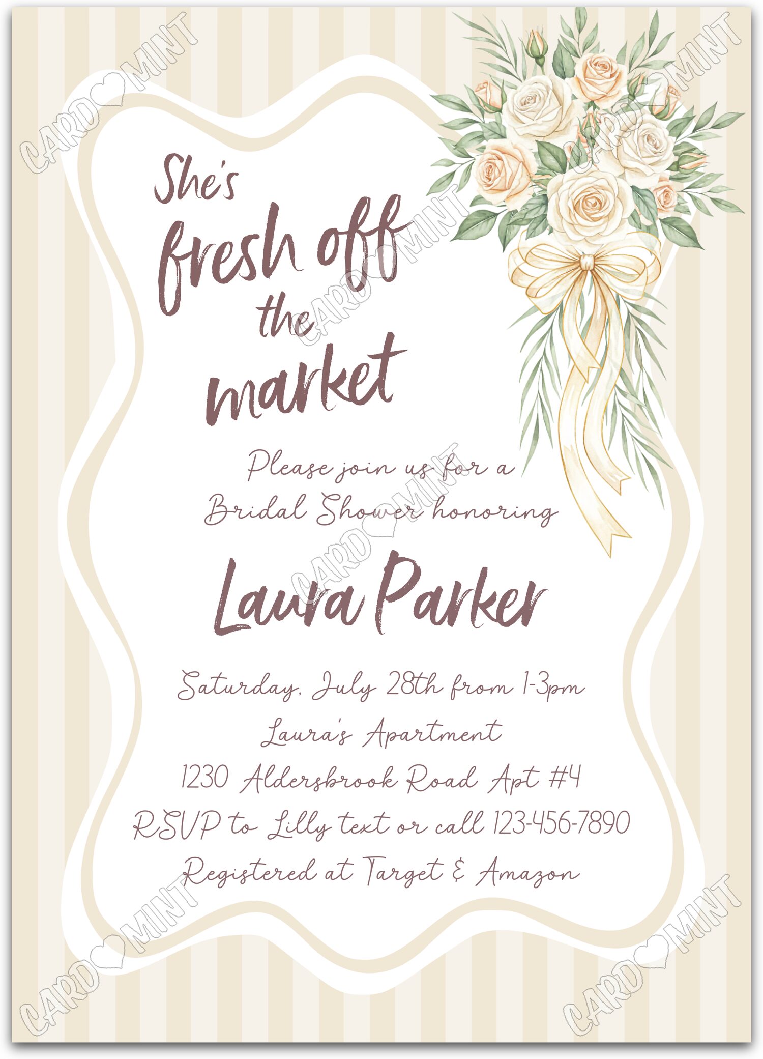 Editable She's Off The Market white flower bouquet in ivory and Douche nuptiale 5"x7" Invitation EV2134