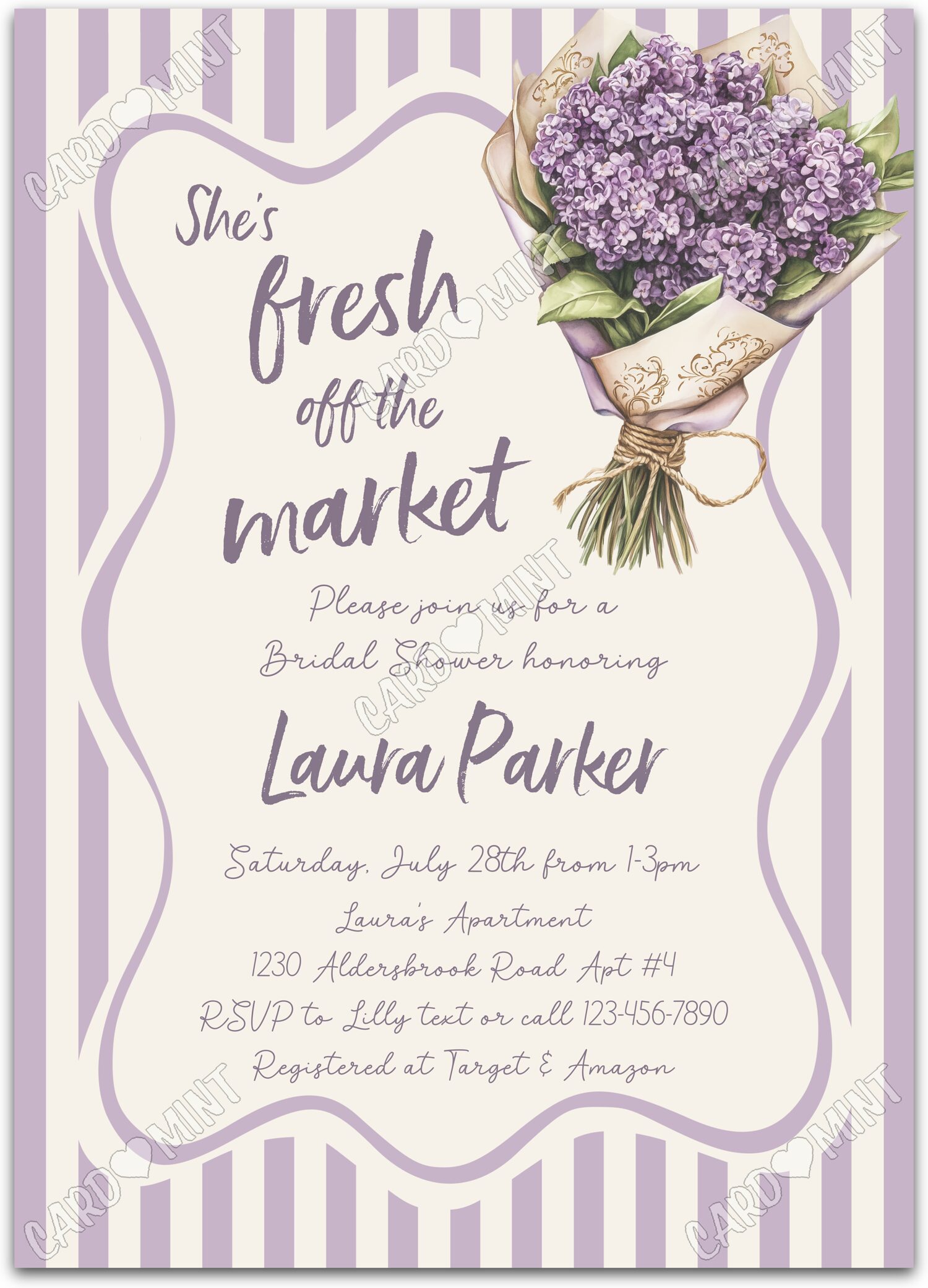 Editable She's Off The Market white lilac flower bouquet in purple and Bridal Shower 5"x7" Invitation EV2135