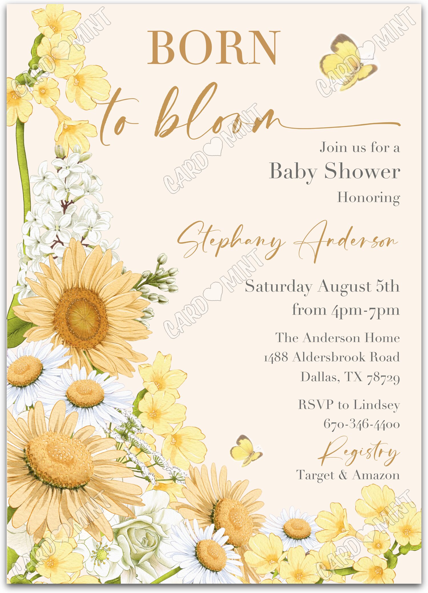 Editable Born To Bloom white sunflowers & daisies yellow and neutral Baby Shower 5"x7" Invitation EV2136