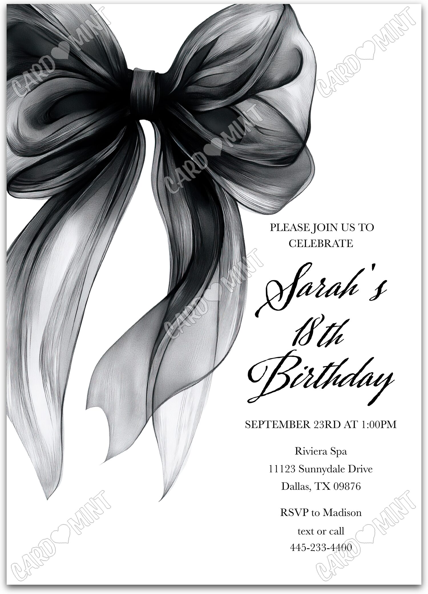 Editable Stylish and Sophisticated coquette black bow Fête d'Anniversaire 5"x7" Invitation EV2138