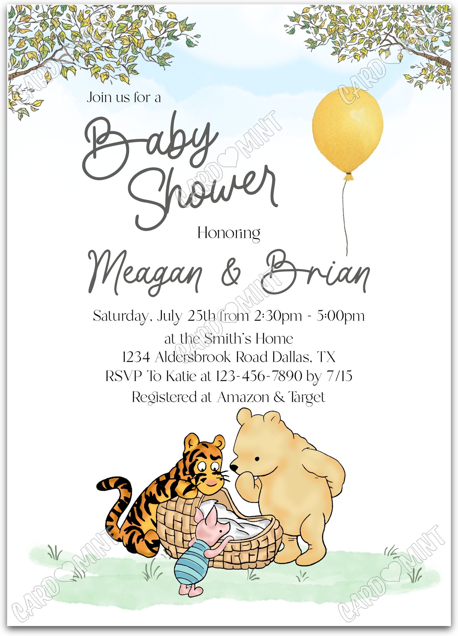 Editable Winnie the Pooh white Pooh, Tigger and Piglet Douche de bébé 5"x7" Invitation EV2140