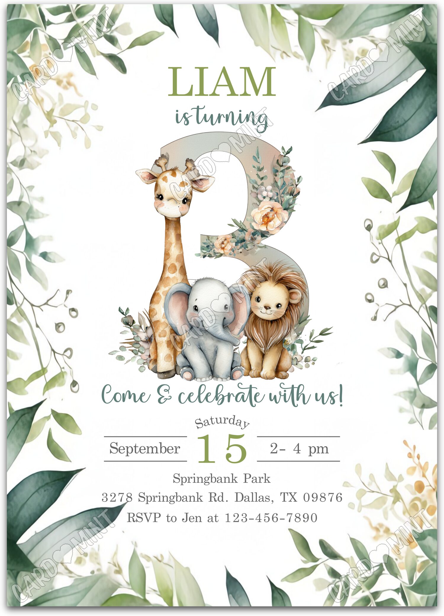 Editable Safari Wild Jungle Animals boy 3rd Fête d'Anniversaire 5"x7" Invitation EV2150