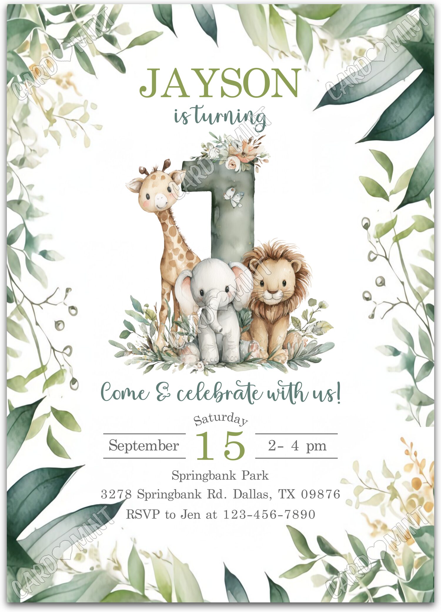 Editable Safari Wild Jungle Animals boy First Fête d'Anniversaire 5"x7" Invitation EV2152