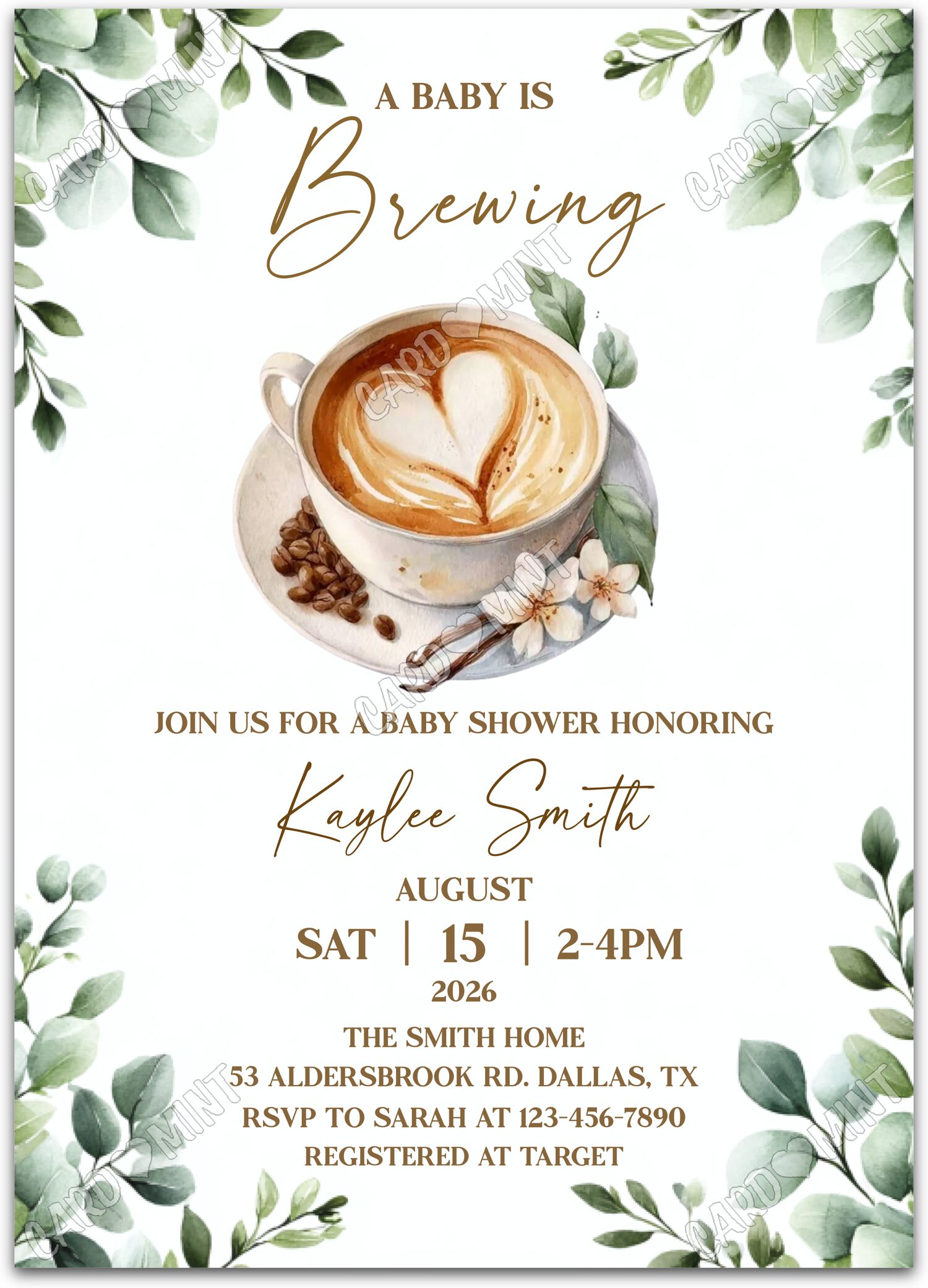 Editable A Baby is Brewing coffee latte and delicate greenery neutral Baby Shower 5"x7" Invitation EV2155