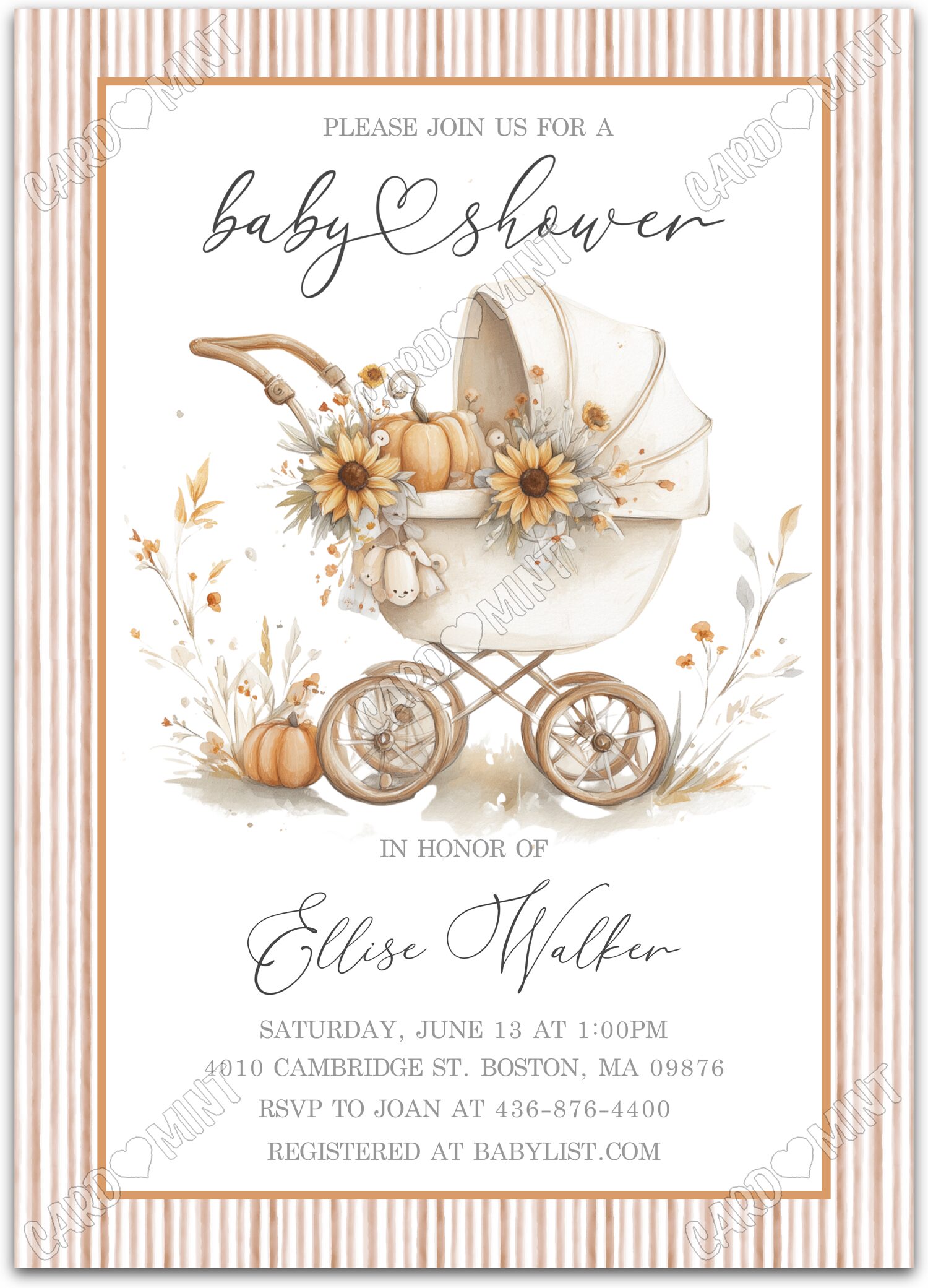 Editable Fall Sunflower baby carriage, sunflowers & pumpkins fall Douche de bébé 5"x7" Invitation EV2157