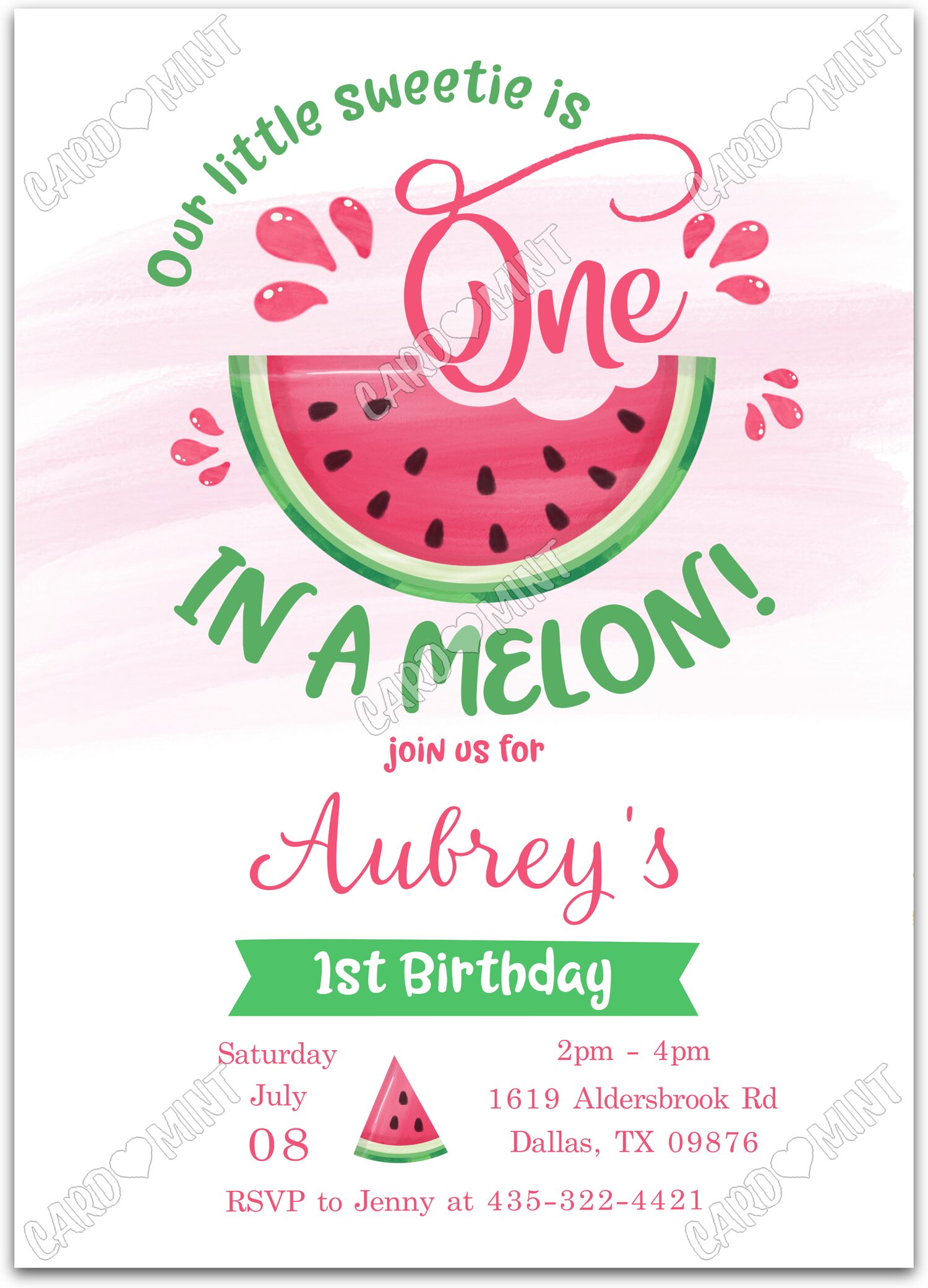 Editable One in a Melon 1st watermelon, one in a melon pink and green girl Fête d'Anniversaire Invitation EV2158
