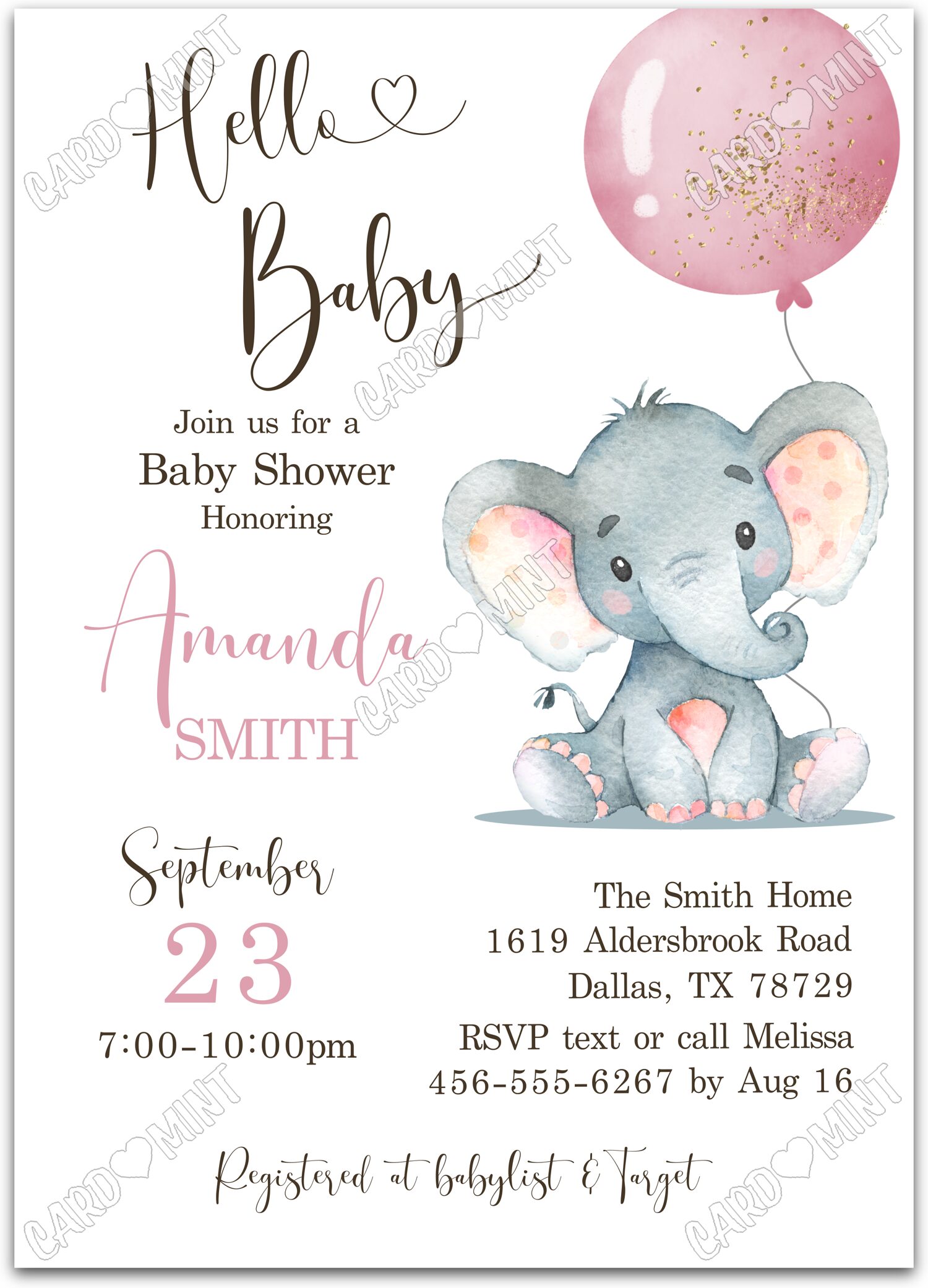 Editable Little Elephant baby elephant & pink balloon girl Douche de bébé 5"x7" Invitation EV2159