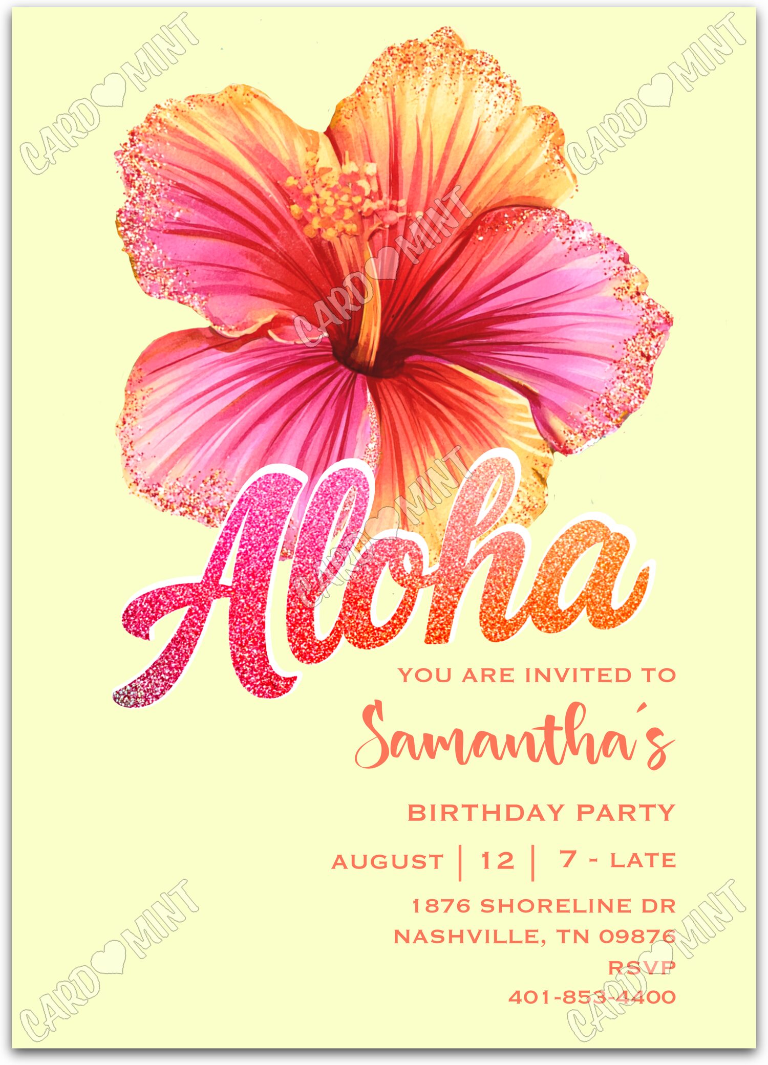 Editable Aloha Garden Party Hawaiian Hibiscus Adult Birthday Party 5"x7" Invitation EV2160