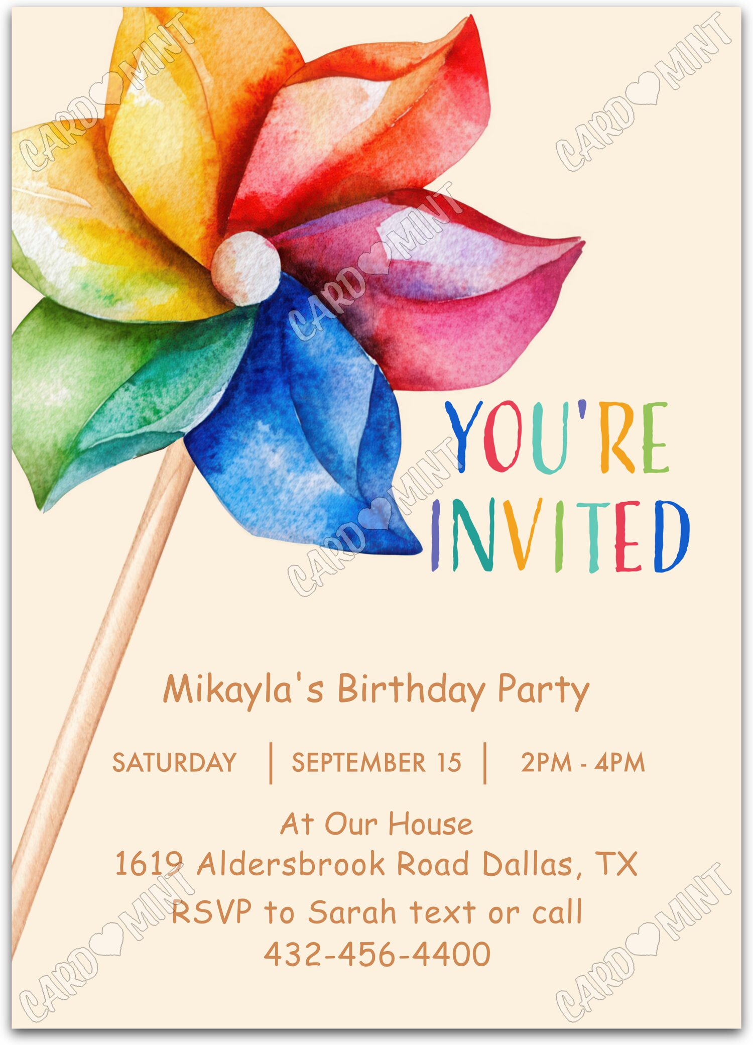 Editable Any Age colorful pinwheel design girl Fête d'Anniversaire Invitation EV2161
