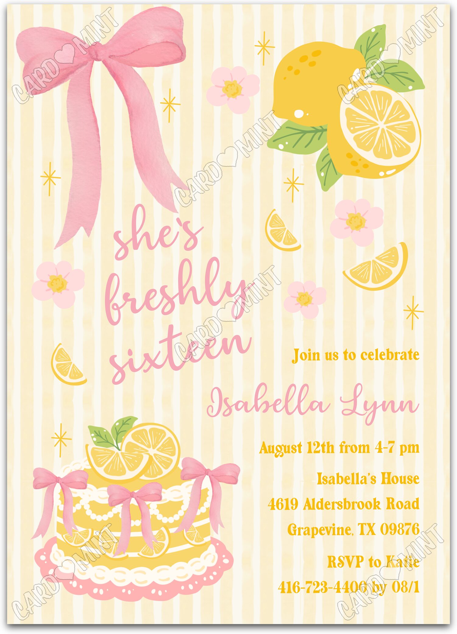 Editable Freshly Sixteen lemon cake and pink bows girl Birthday Party 5"x7" Invitation EV2165