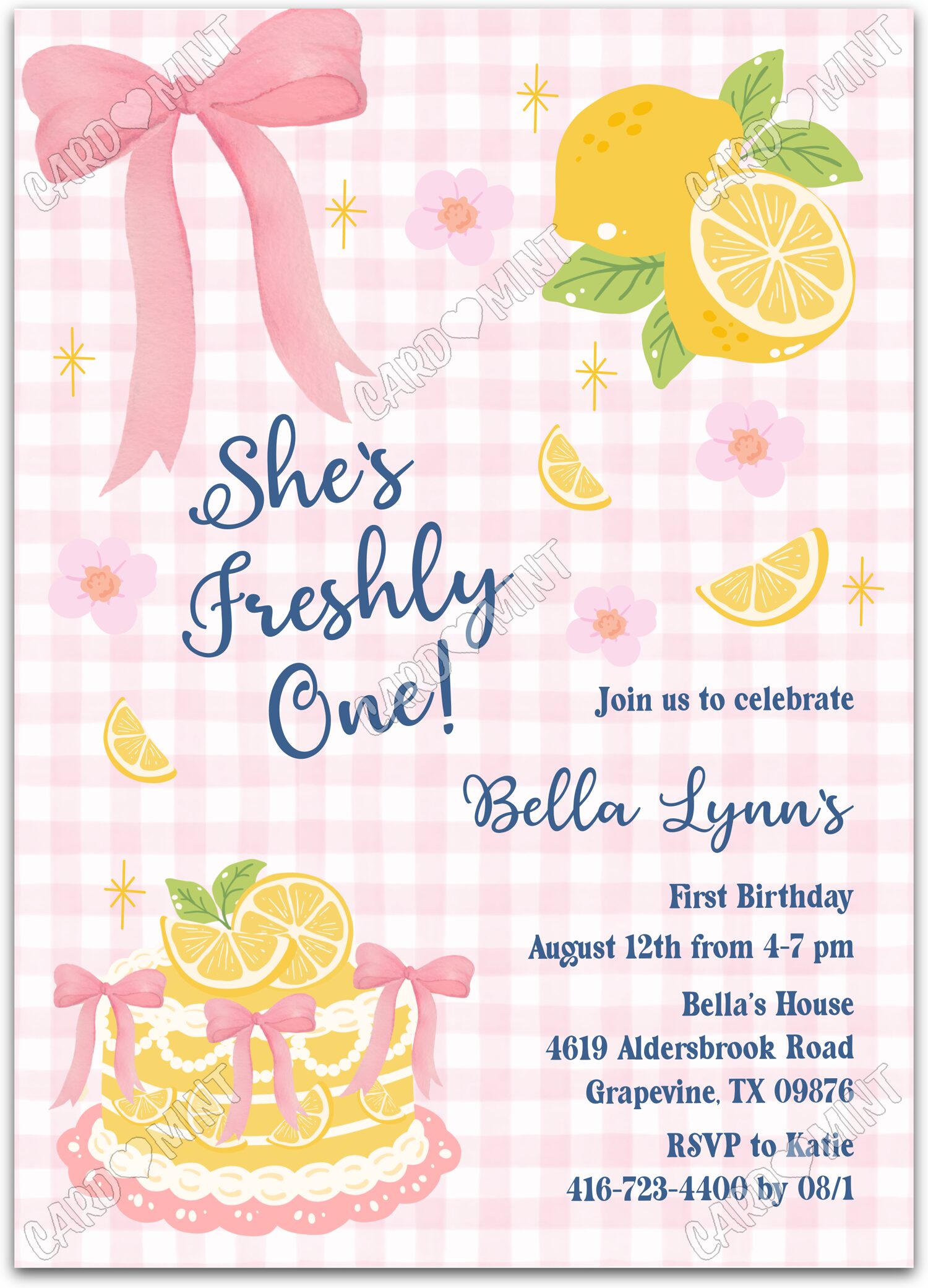 Editable Freshly One lemon cake and pink bows girl Birthday Party 5"x7" Invitation EV2166