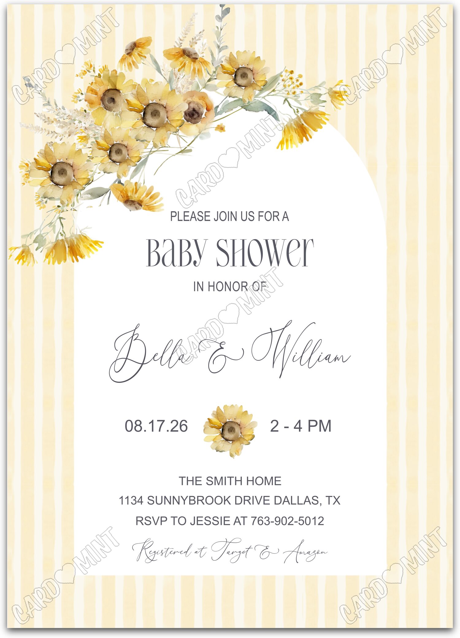 Editable Sunflower buttery yellow stripe sunflower Baby Shower 5"x7" Invitation EV2167