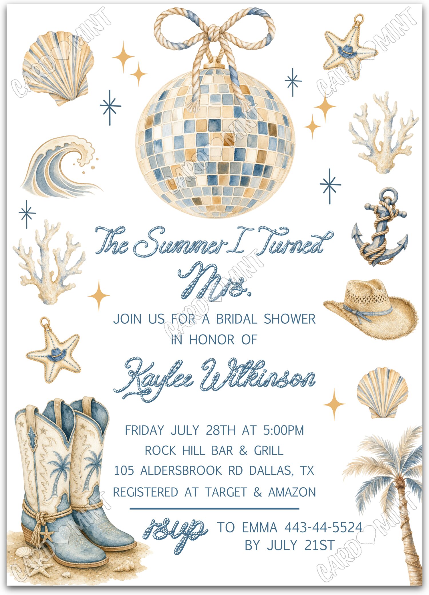 Editable The Summer I Turned Mrs. a cowgirl sea theme Bridal Shower 5"x7" Invitation EV2169