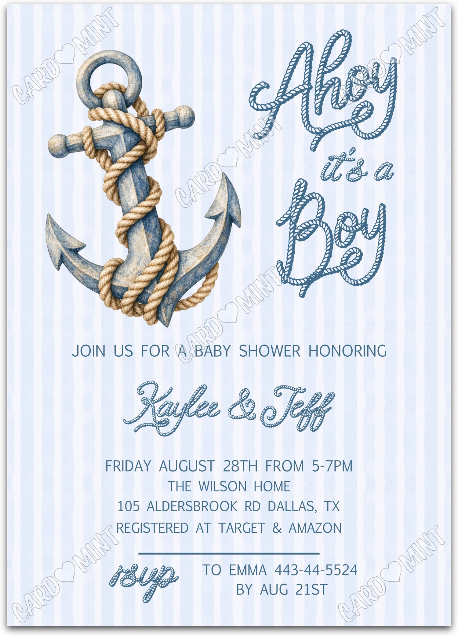 Editable Ahoy it's a Boy blue anchor with stripes in white & boy Baby Shower Invitation EV2171