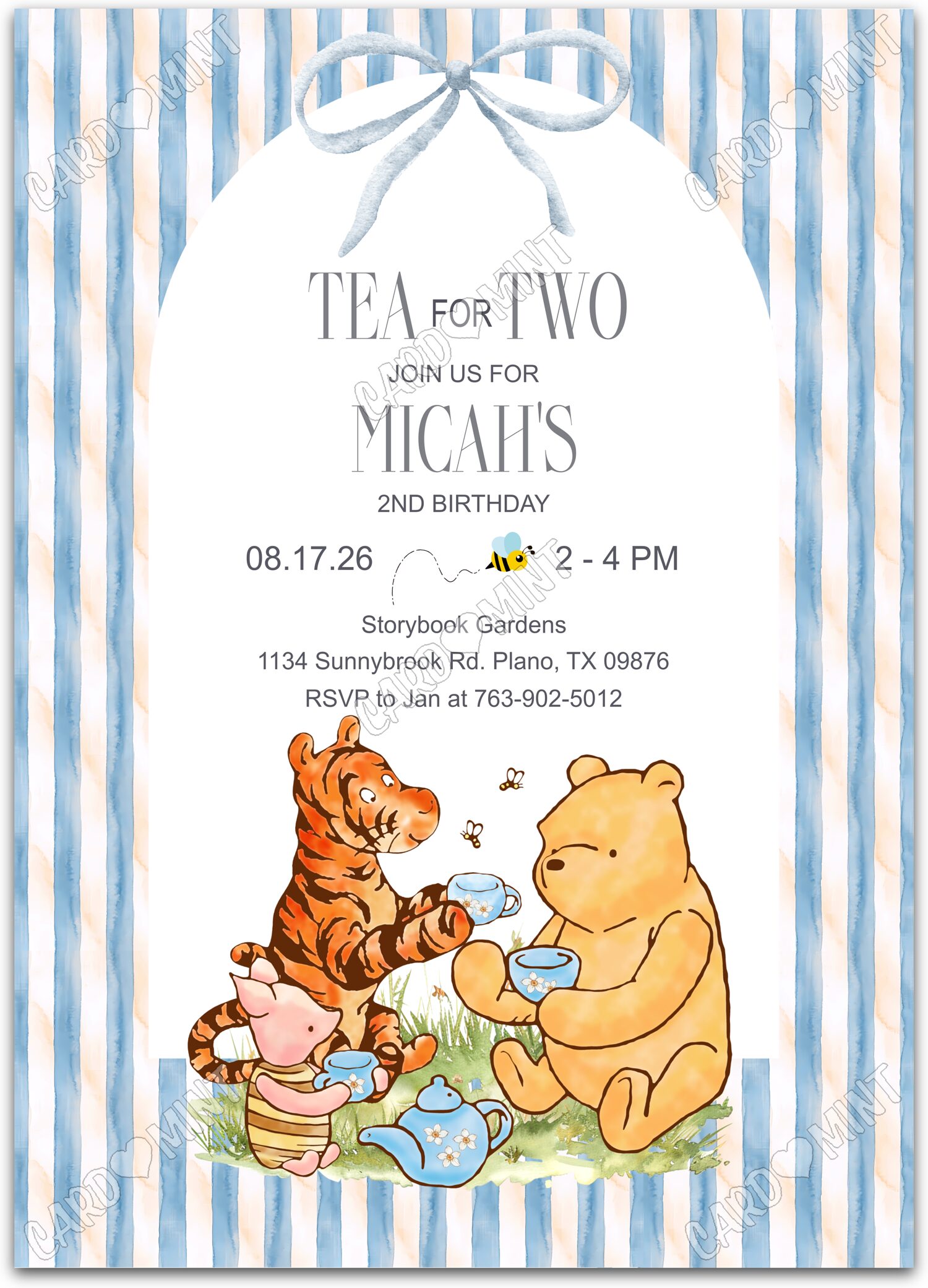 Editable Tea for Two blue Pooh & Friends girl 2nd Fête d'Anniversaire 5"x7" Invitation EV2179