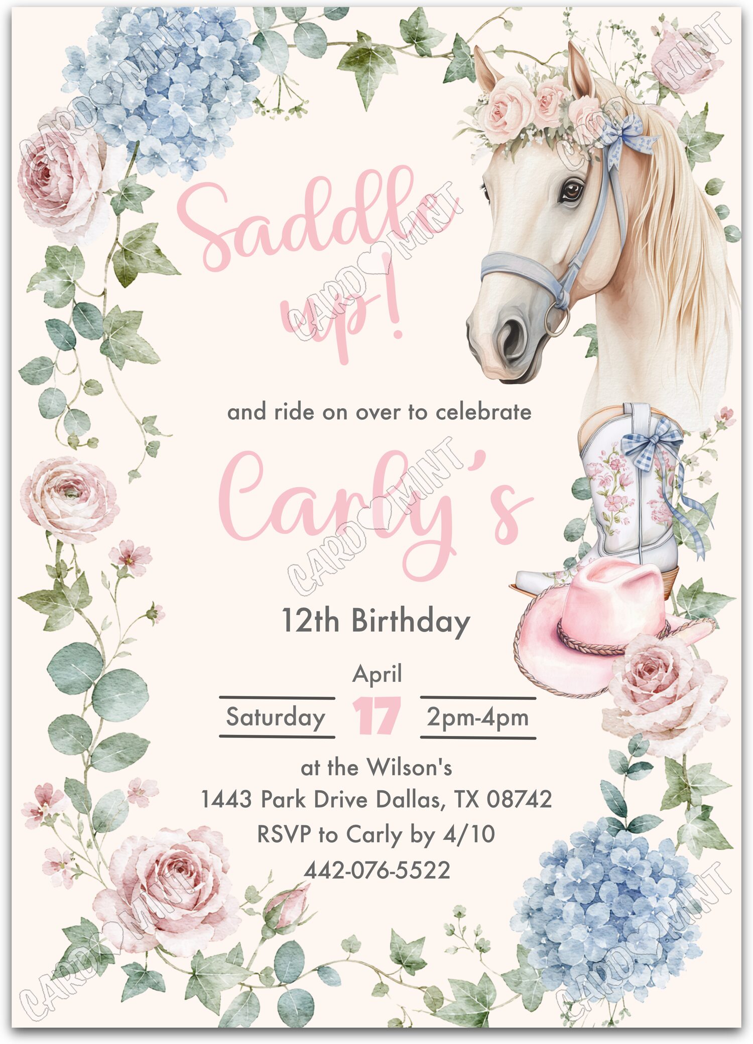 Editable Saddle Up pink cowgirl & horse blue & girl Fête d'Anniversaire 5"x7" Invitation EV2180