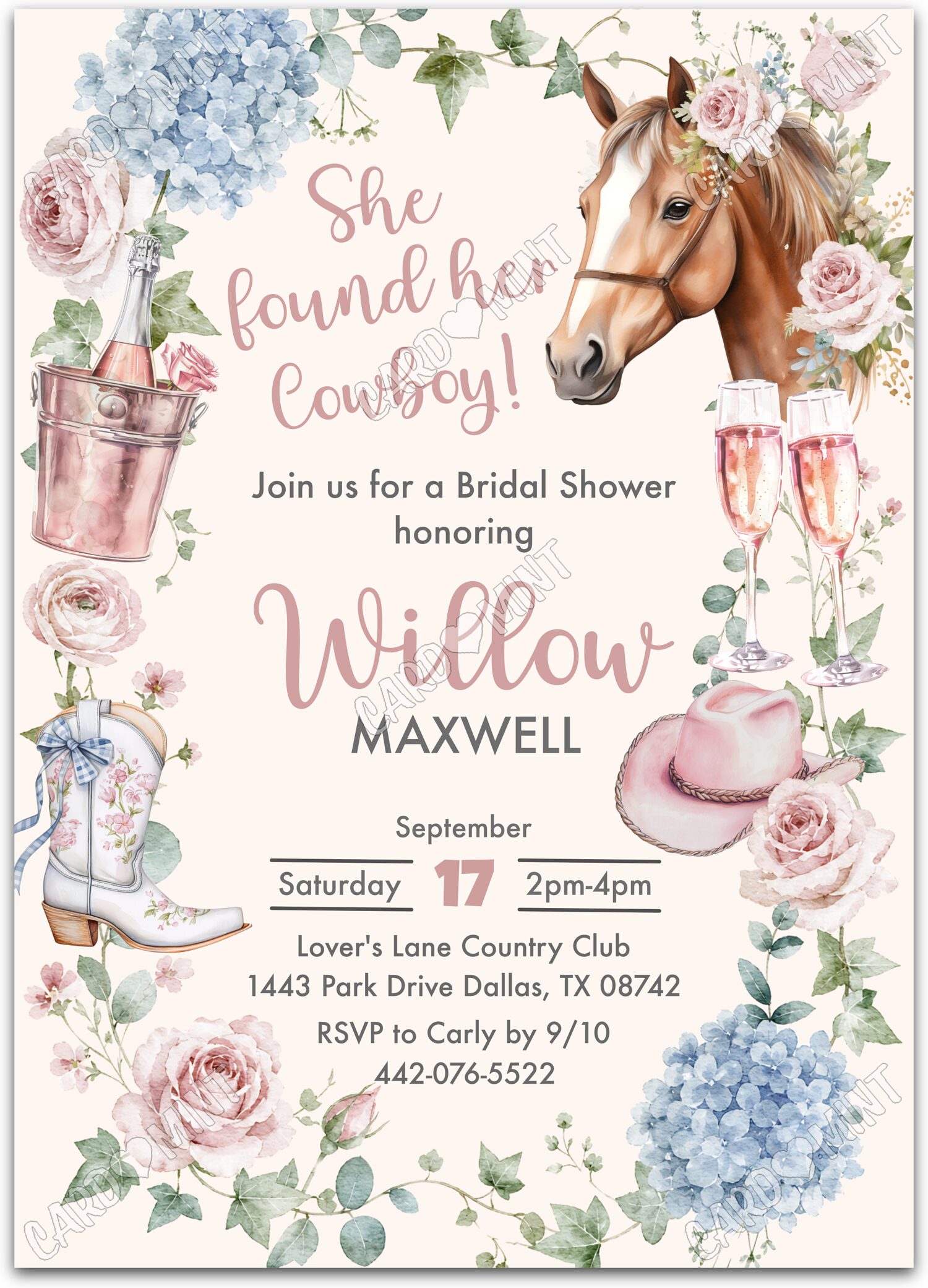 Editable Cowgirl horse & champagne Bridal Shower Invitation EV2181
