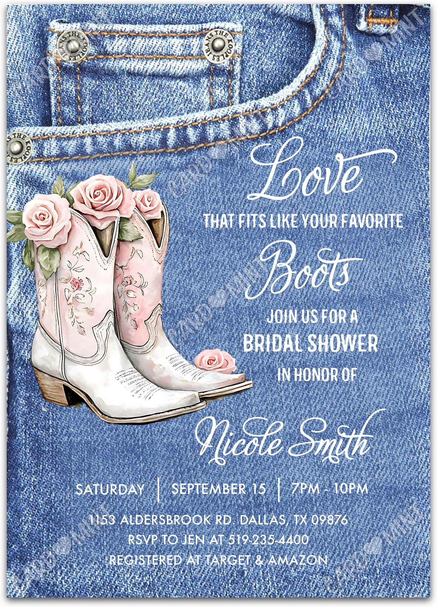 Editable Cowgirl jeans & favorite boots Bridal Shower 5"x7" Invitation EV2183