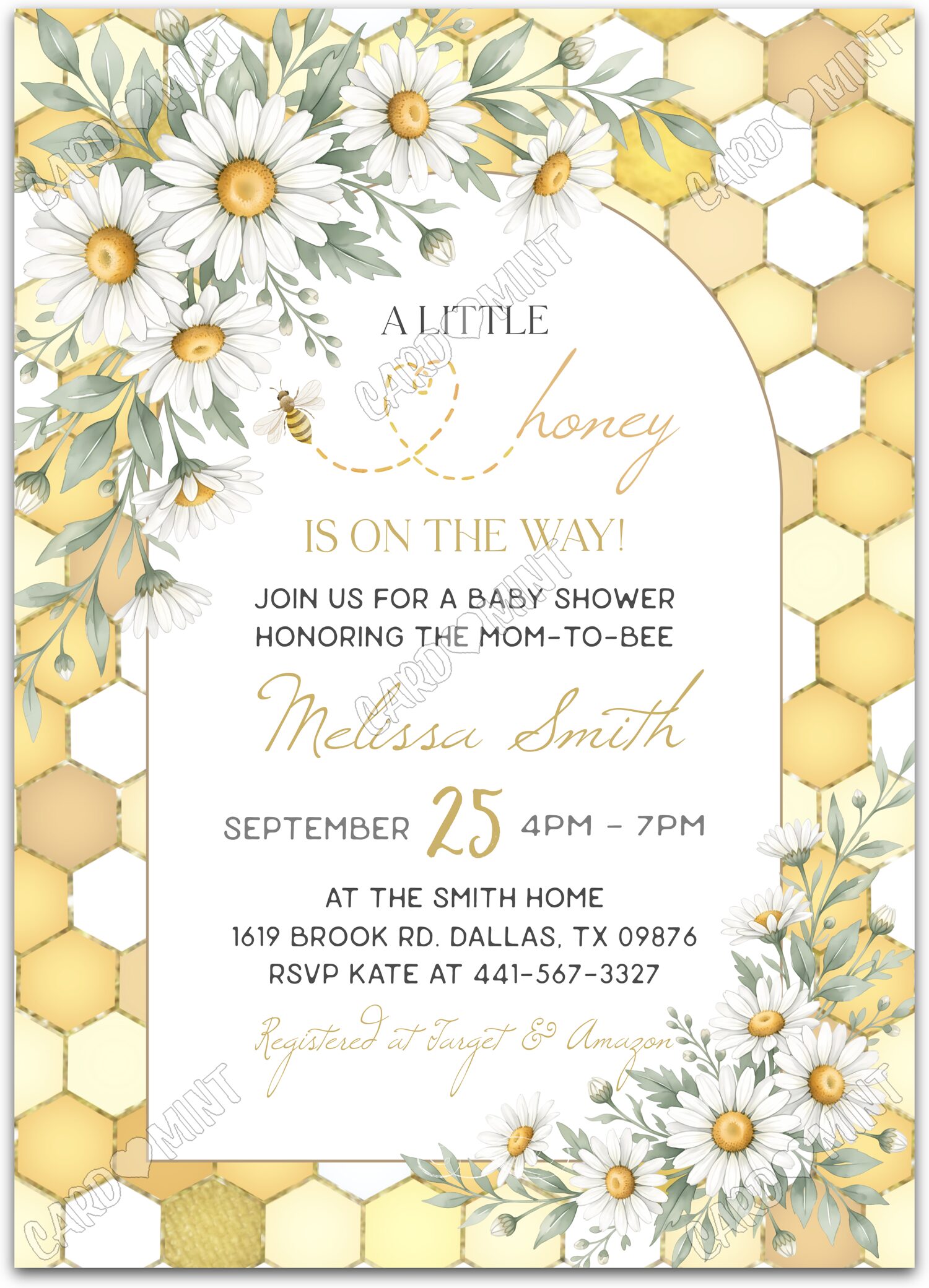 Editable Little Honey yellow honeycomb & daisies Douche de bébé 5"x7" Invitation EV2186