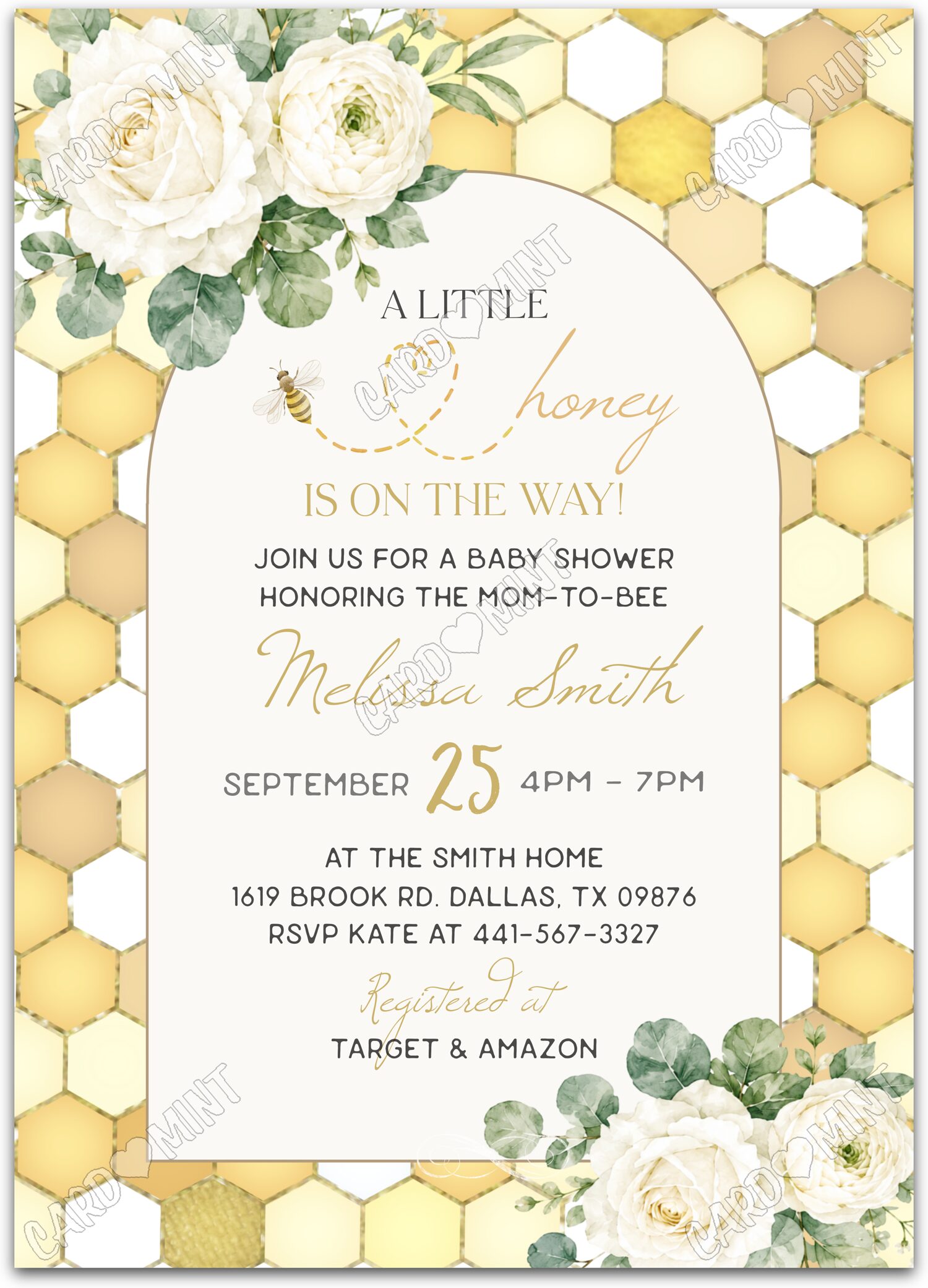 Editable Little Honey yellow honeycomb & roses Baby Shower 5"x7" Invitation EV2187