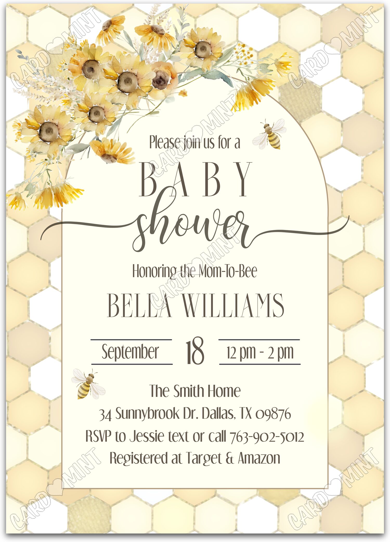 Editable Sunflower & Honeycomb yellow sunflower bouquet Douche de bébé 5"x7" Invitation EV2188