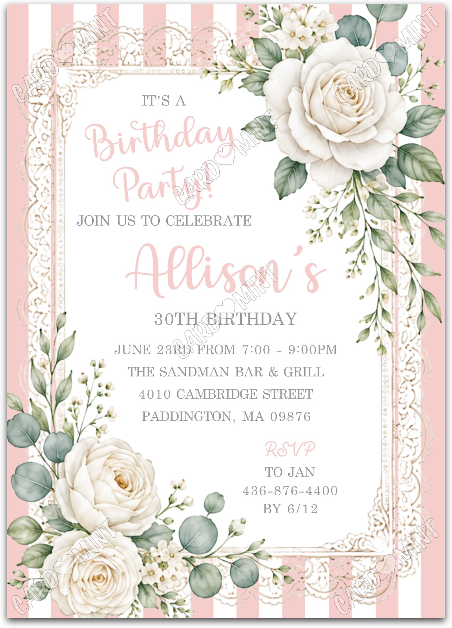 Editable White Rose white roses and pink stripes Birthday Party 5"x7" Invitation EV2189