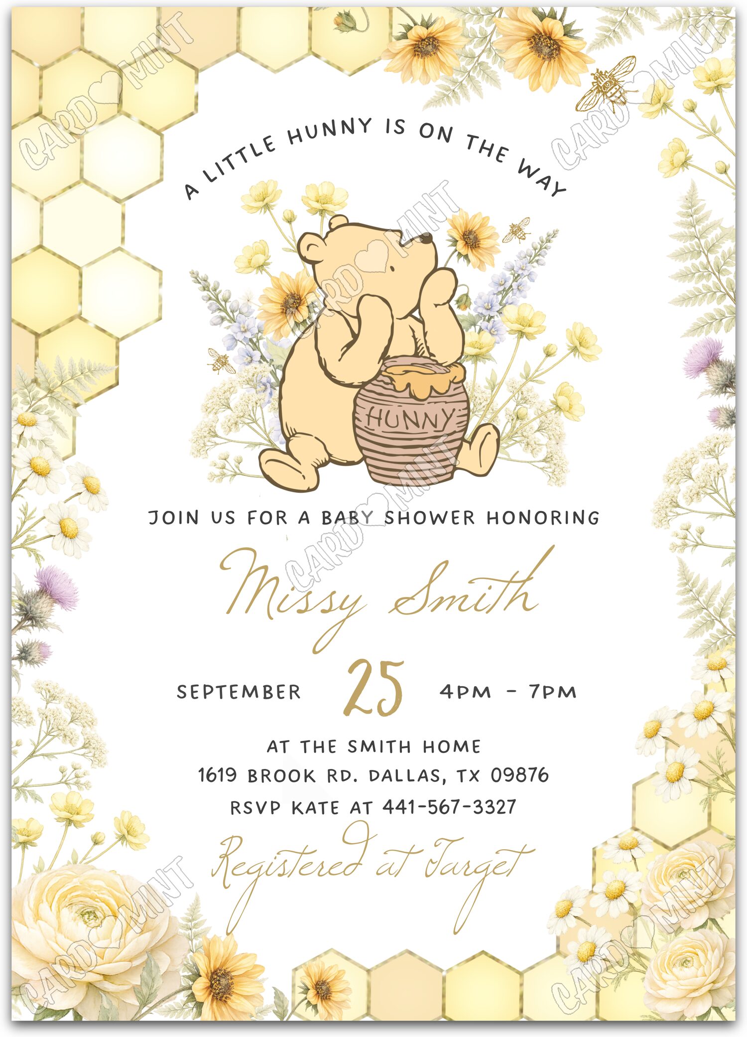 Editable Little Hunny Pooh Bear white pretty flowers in yellow, & Douche de bébé 5"x7" Invitation EV2190
