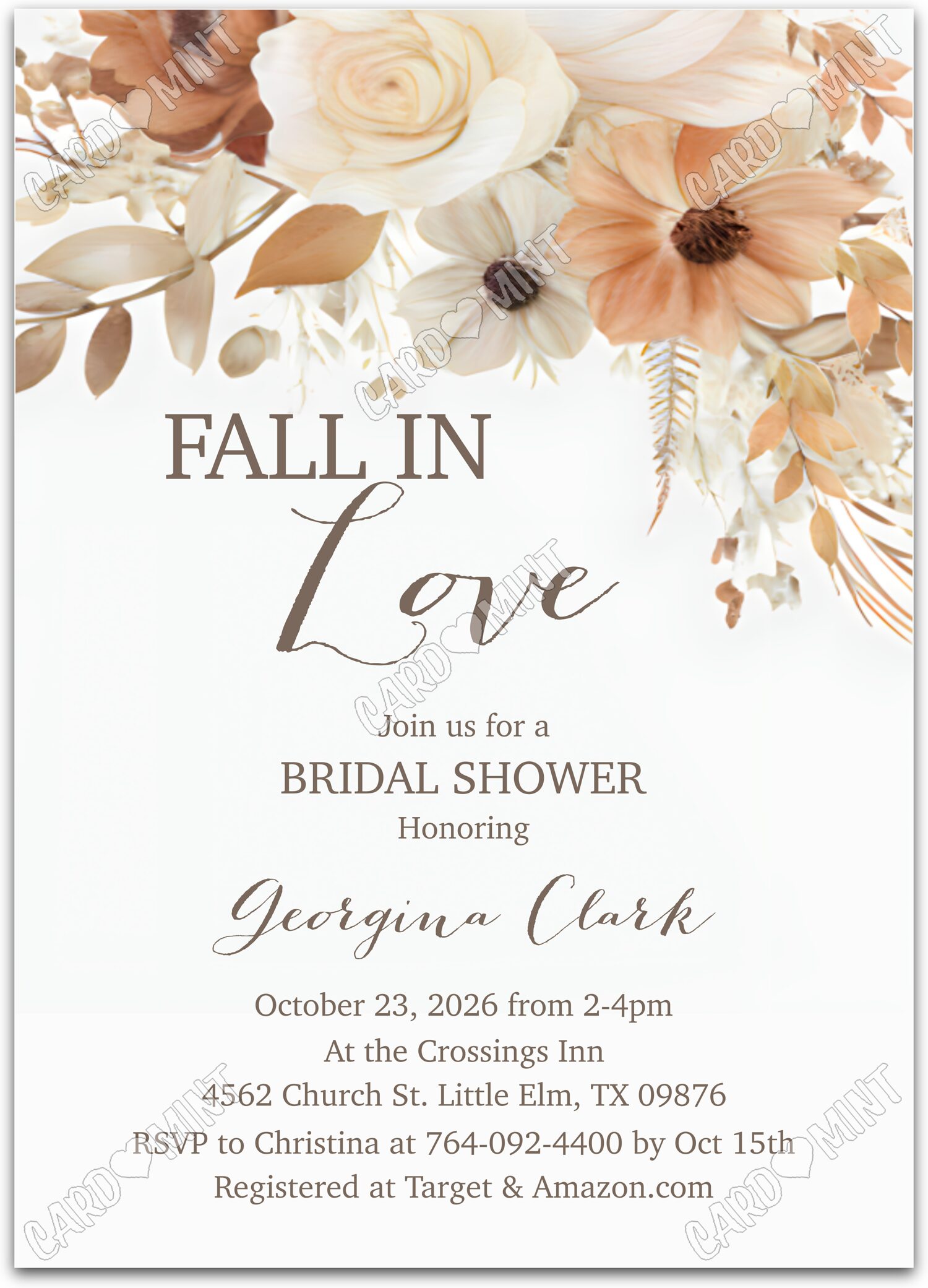 Editable Fall in Love brown fall in love with flowers in ivory & Douche nuptiale 5"x7" Invitation EV2192